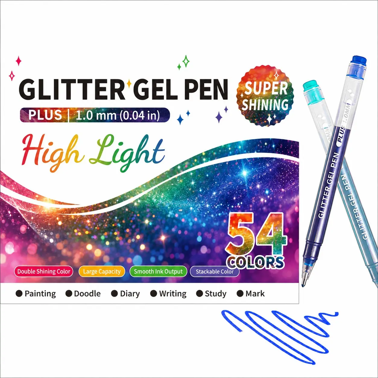 54 Color Glitter Gel Pen, 1.0mm Fine Tip, Large Capacity, Bright Colors, Super Shining, Sparkling Effect, Ideal for DIY, Coloring, Creative Art, Card Making, Fashion Design, Ink Gel Pens