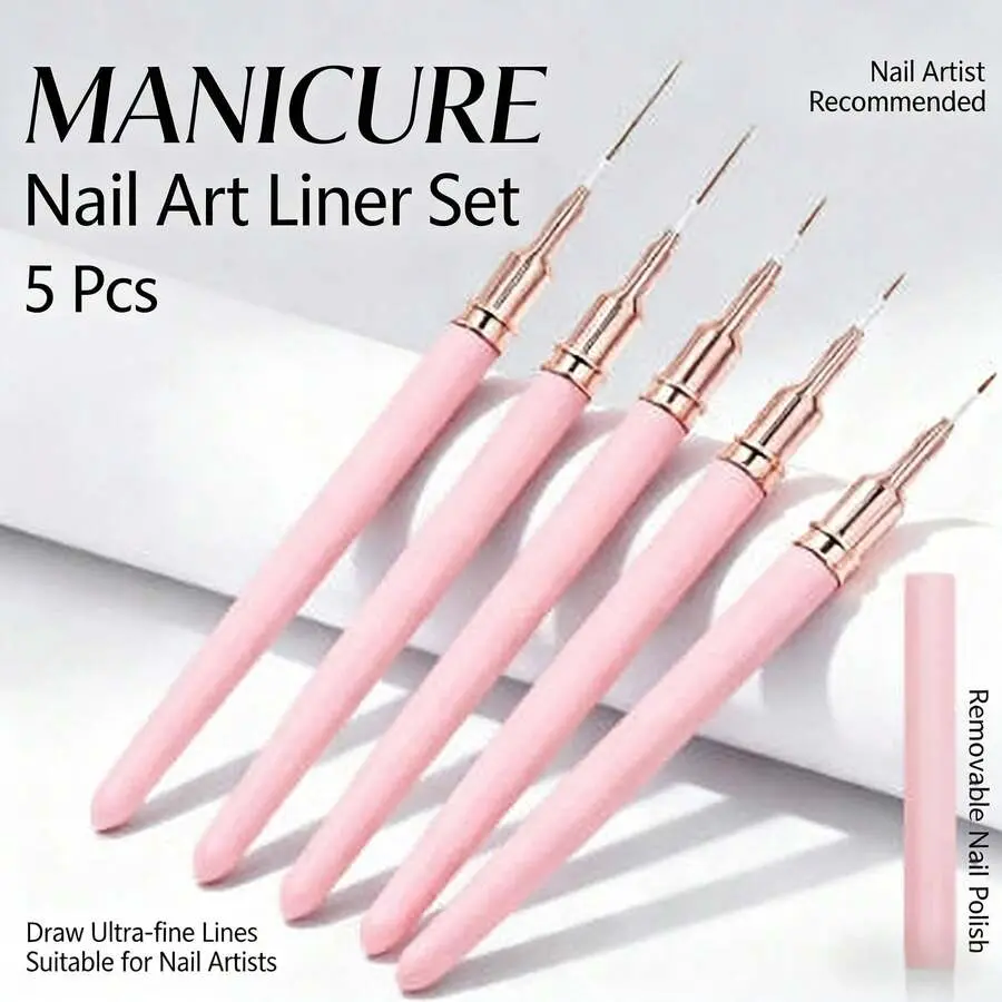 5pcs French Manicure Stripe Nail Art Brush Set - 1-2mm Nylon Bristle UV Gel Liner Brushes with Handle for Precise Lines Nail Care