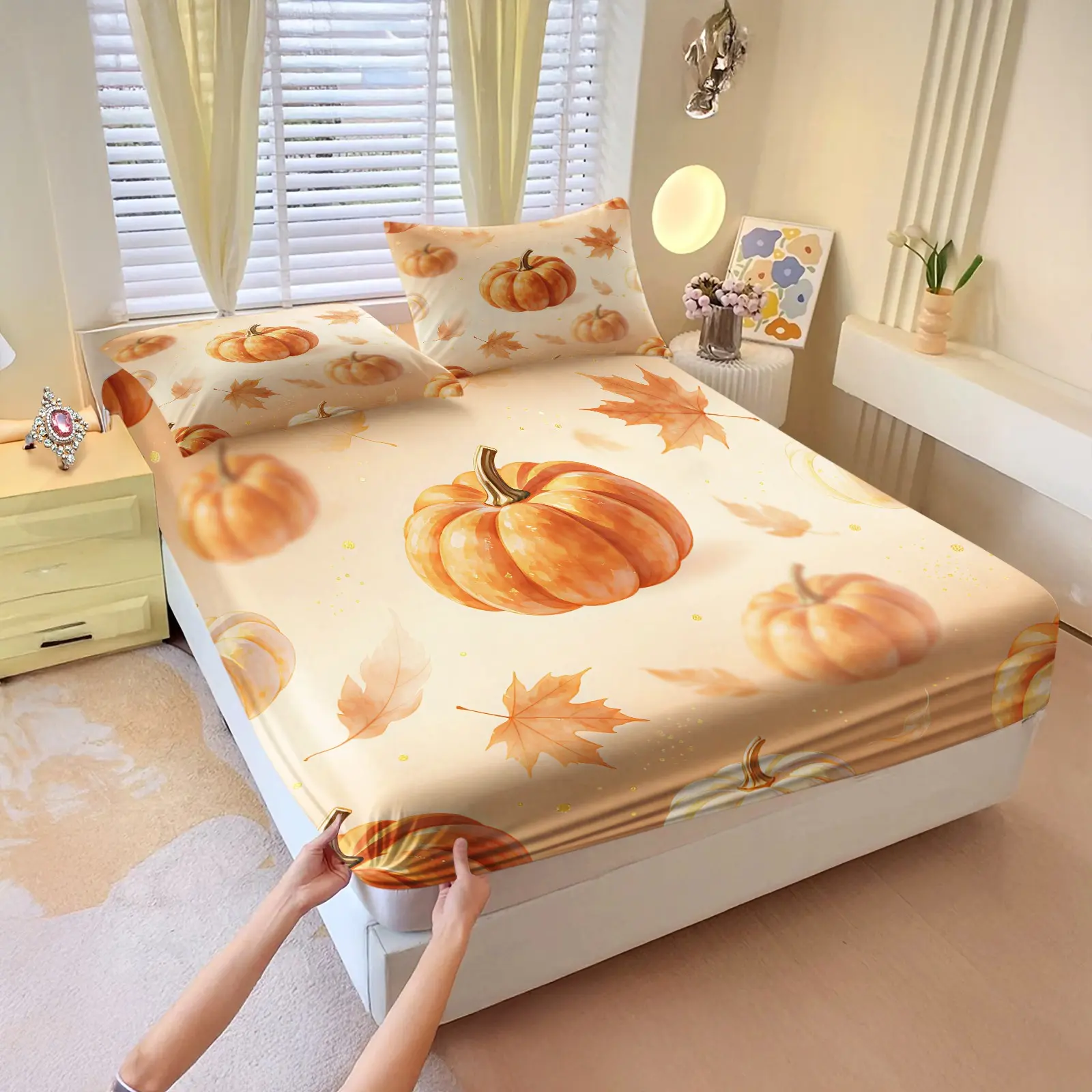 3pcs Pastoral Pumpkin & Maple Leaf Autumn Printed Fitted Sheet Set, Mixed Watercolor Pumpkin Pattern, Healing Style Personalized Mattress Cover Set for Home, Homestays & Vacation Cottages