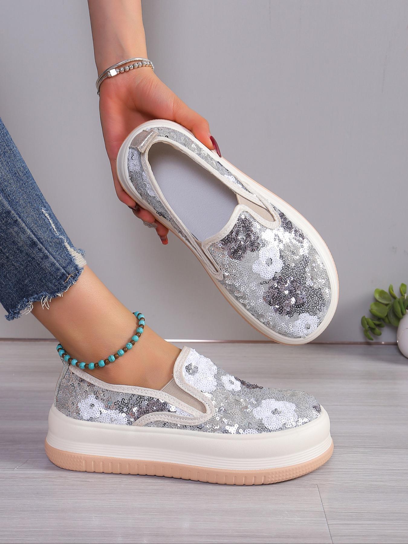 Fashionable Ditsy Floral Pattern Sequin Decorated Slip on Thick-soled Slipon Sneakers, Casual Comfortable Round Toe Low Top Shoes for Women, All-match Commuter Shoes for Work & Daily Wear