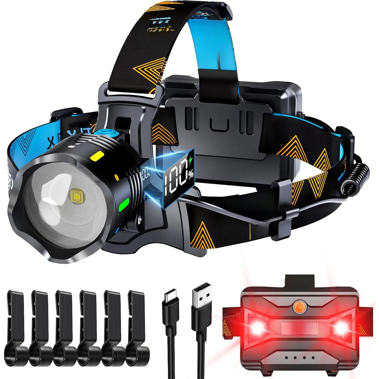 12 Modes 210000 Lux Headlamp Motion Sensor Red Warning Zoomable Energy Saving, More Than 30Dys Standby Head Lamp, IP65 Waterproof and 125 °   Angle  Camping Outdoor Hardhat