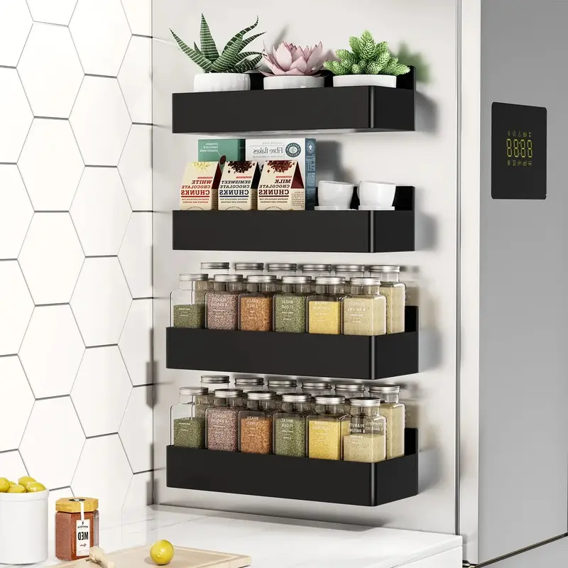 2/4-Pack Black Magnetic Kitchen Organizer, ABS Multifunctional Home Storage Rack with Strong Magnets, Space-Saving Design for Fridge & Coffee Bar | summerwins