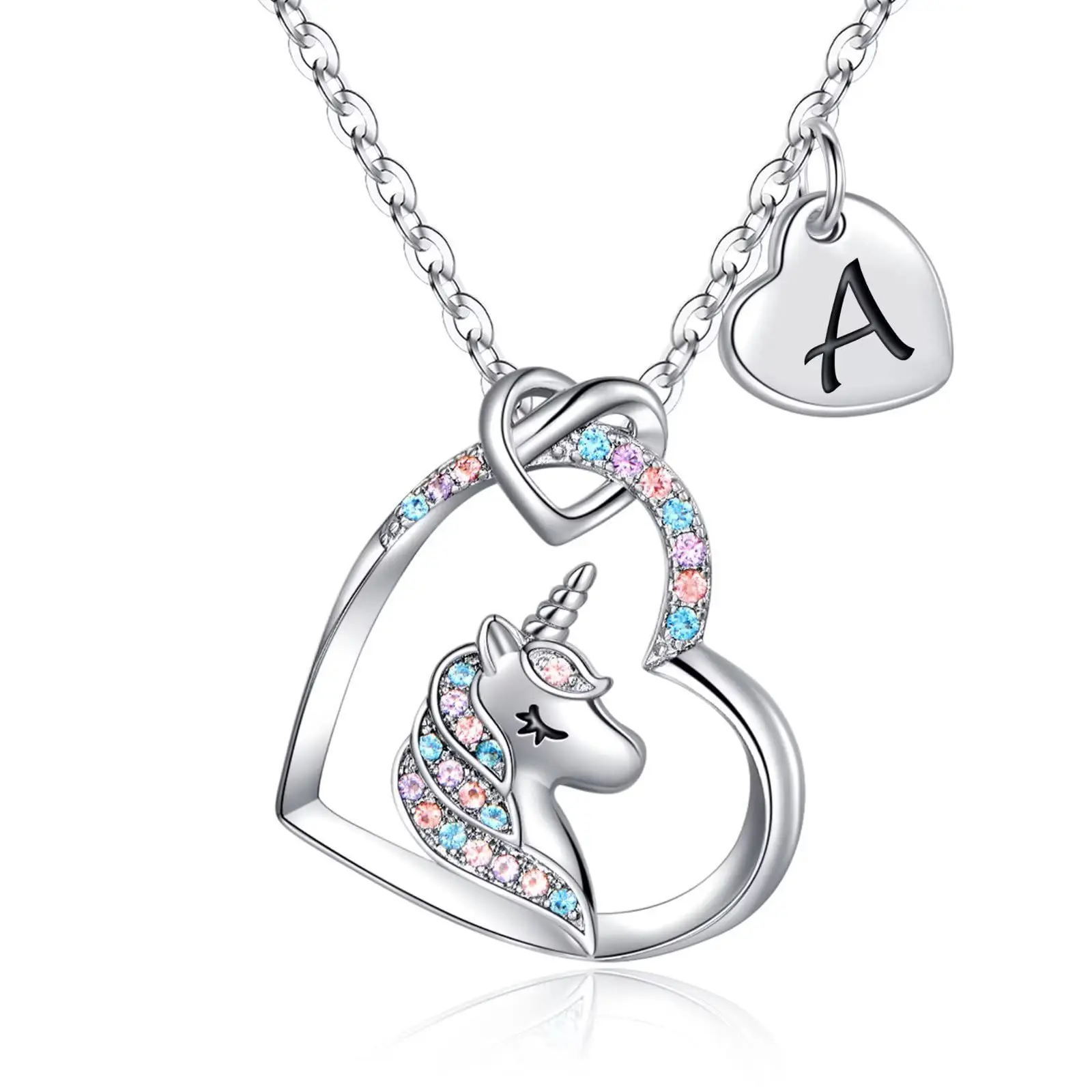 Unicorn Necklace for Women, Colorful Diamond-Studded Unicorn Heart Letter Necklace, Adjustable Heart Necklace personalized gift jewelry pendant