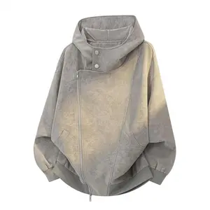Men's Casual Embossed Leather Jacket, Stylish Oversized Retro Hooded Coat with a Tie-Dye Finish, Long Sleeve Full-Zip Streetwear Outerwear