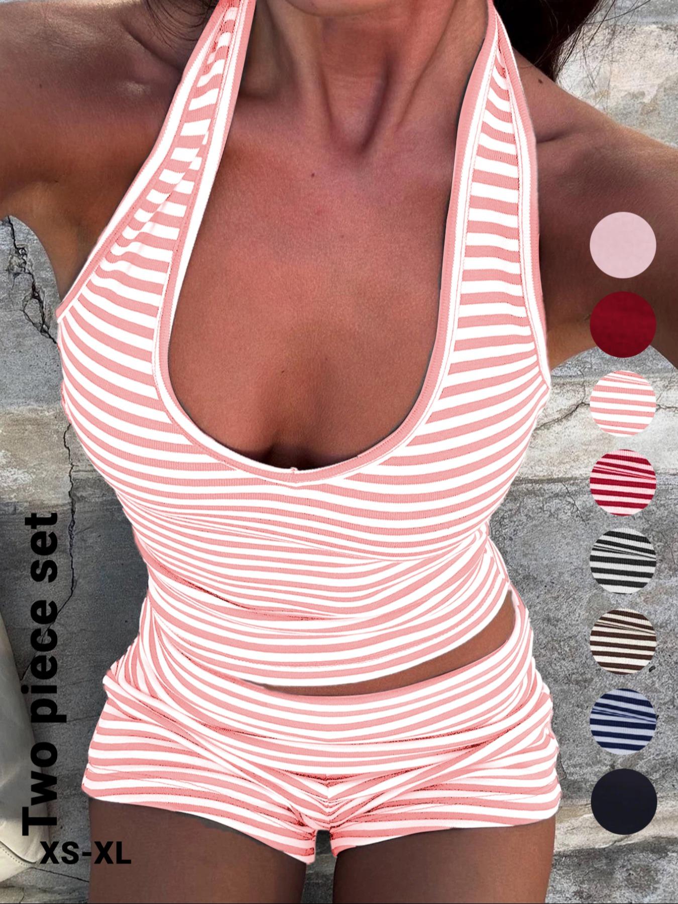 Women's Casual Striped Halter Neck Crop Top & Shorts Set, Summer Fitted Two-Piece, Regular Length, Moderate Fabric Thickness, Womenswear Women's Casual Striped Halter Neck Crop Top & Shorts Set, Summer Fitted Two-Piece, Regular Length, Moderate Fabric Thickness, Womenswear