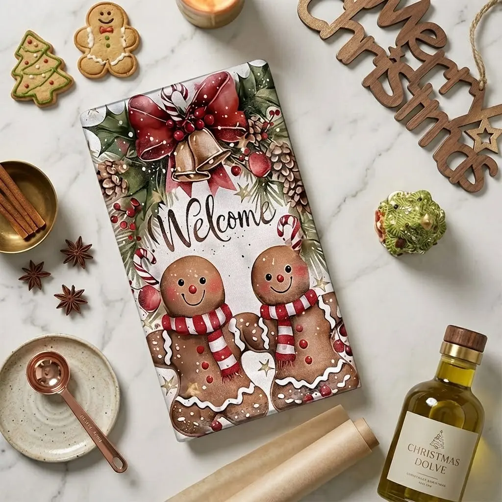 1pcs Christmas Welcome Gingerbread Man Kitchen Towels, Holly Pine Cone Bell Candy Cane Xmas Pattern Soft Absorbent Dish Cloths, Machine Washable Multi-Purpose Hand Towel for Kitchen, Bathroom, Dining Table Holiday Home Decor