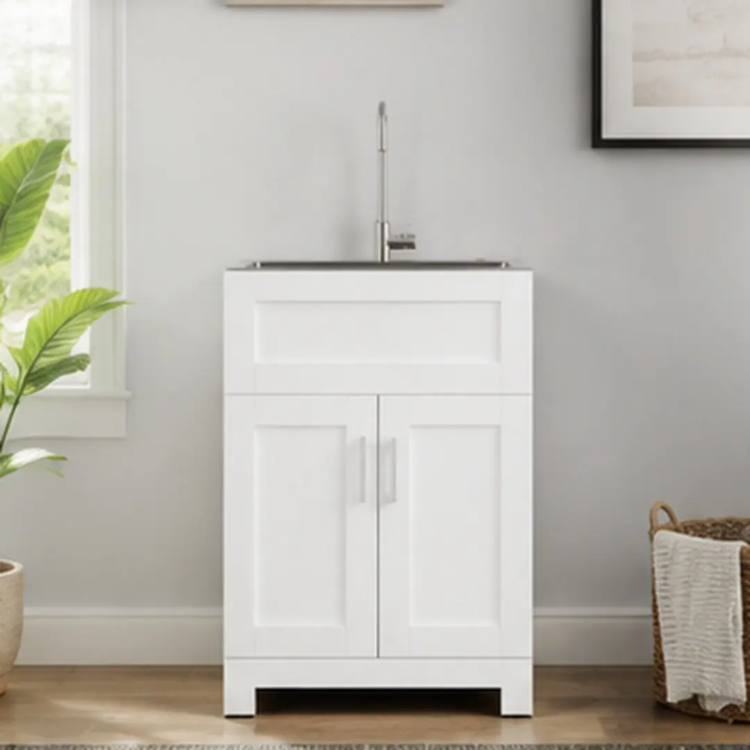 24-Inch White Laundry Sink Cabinet Combo - Stainless Steel Sink, Faucet, MDF Floor Cabinet with Soft-Close Doors, Paint-Free Melamine Finish, Easy Assembly, 18x24x34 Inches (18.00w x24.00d x34.00h In), 62.60 Lb, for Laundry Room, Bathroom, 24" Size