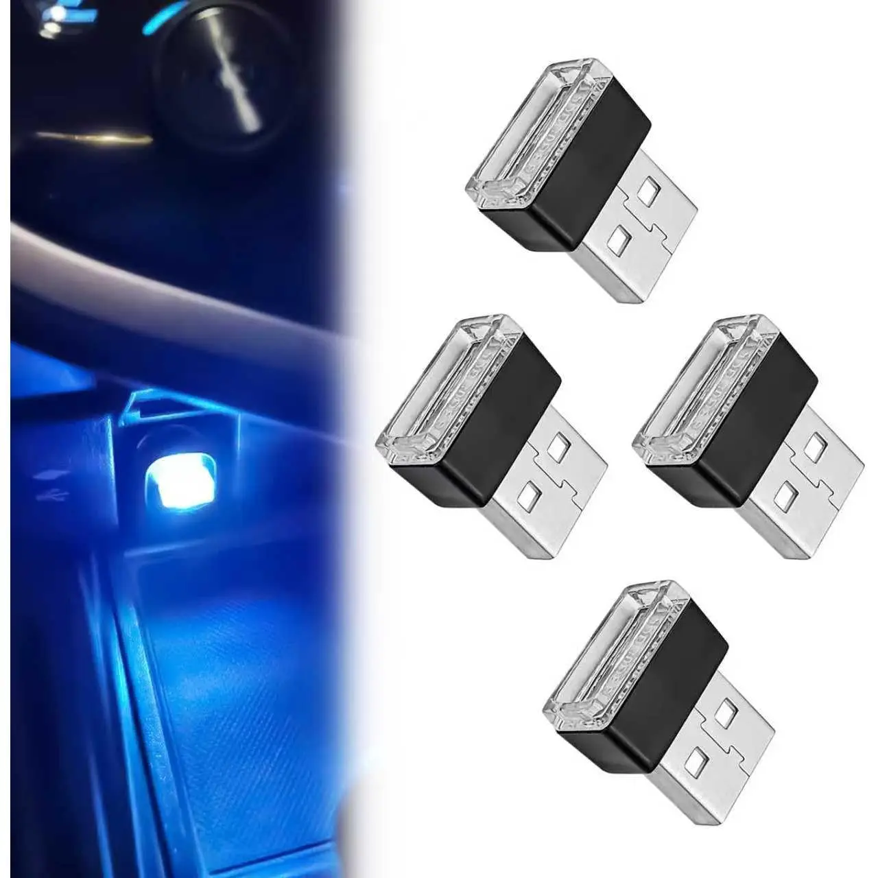 4 count USB LED  Interior Ambient Lighting Kit, Portable Plug-in Atmosphere Lamp Decor Night Light,   Interior Accessories for   (Blue)