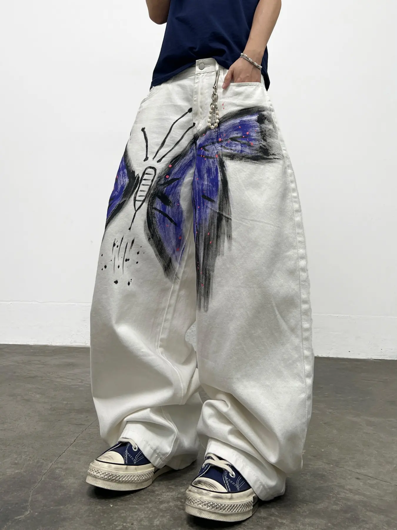 American Vintage Butterfly Loose Jeans, Street Fashion Wide Leg Pants, Y2K Retro Skate Style, Multiple Sizes Available