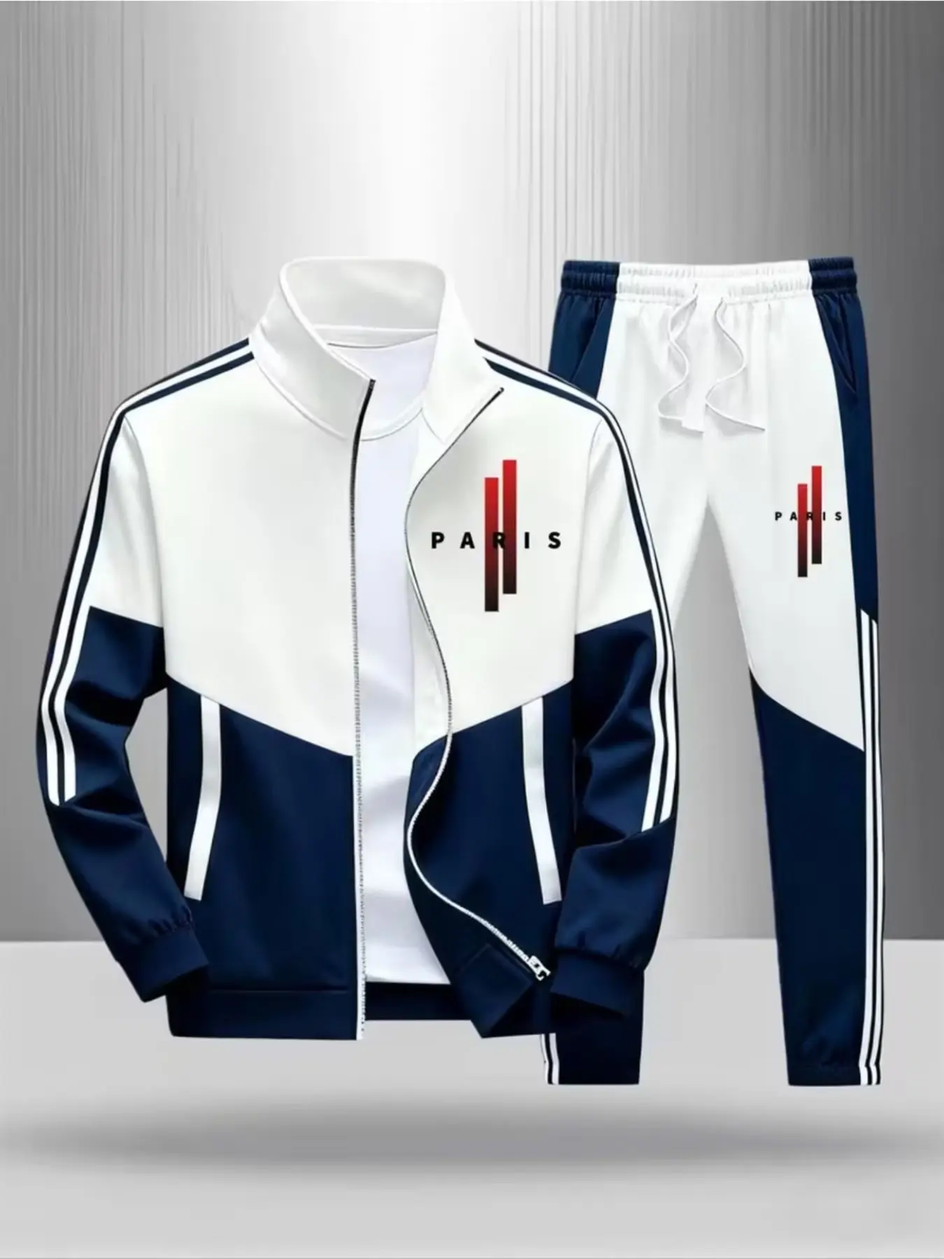 Men's 2-Piece Sportswear Set, Navy Color Block Stand Collar, Zipper Jacket, Tie-Back Long Pants, Paris Letter Print, Casual Fitness Wear