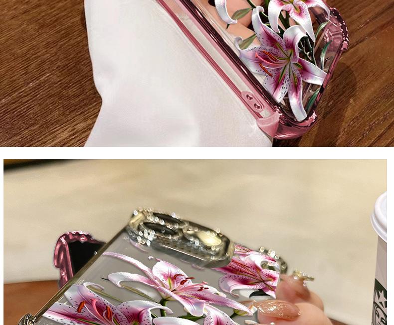 Phone case with pink lily design, compatible with iPhone 11/12/13/14/15/16/17 Pro Max, 14/15/16 Plus, X, & XS Max models, featuring a built-in chrome pink frame and drop protection.