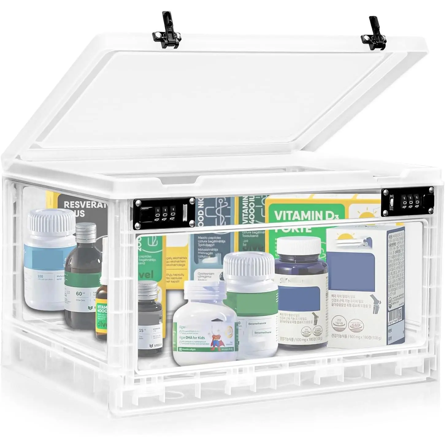 24L Transparent Plastic Lockable Household Medicine Storage Box with Dual 3-Digit Combination Locks, BPA-Free Organizer Bin for Medication, Snacks, Phones & Electronics, Ideal for Home & Office Safety Storage