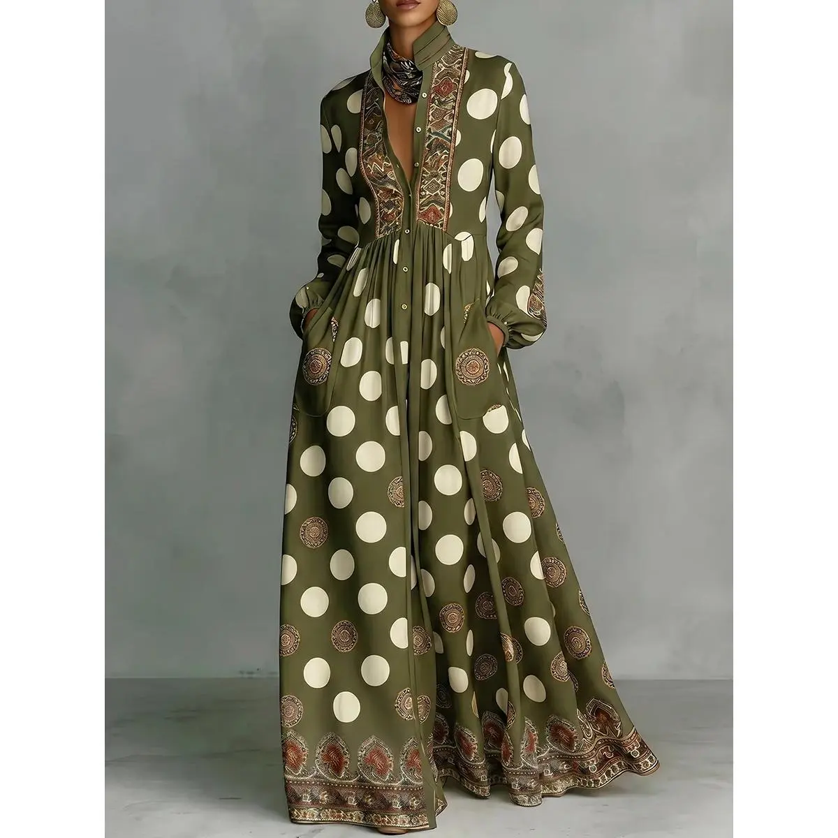 Women's New 2026 Polka Dot 100% Polyester Big Hemline Puff Sleeves Stand Collar Pockets Maxi Dress, Tribal Print Long Sleeve Button-Front Dress, Vacation Shirt Dress, Tall Length (Ladies with C - Cup and Above Need To Order One Size Up)