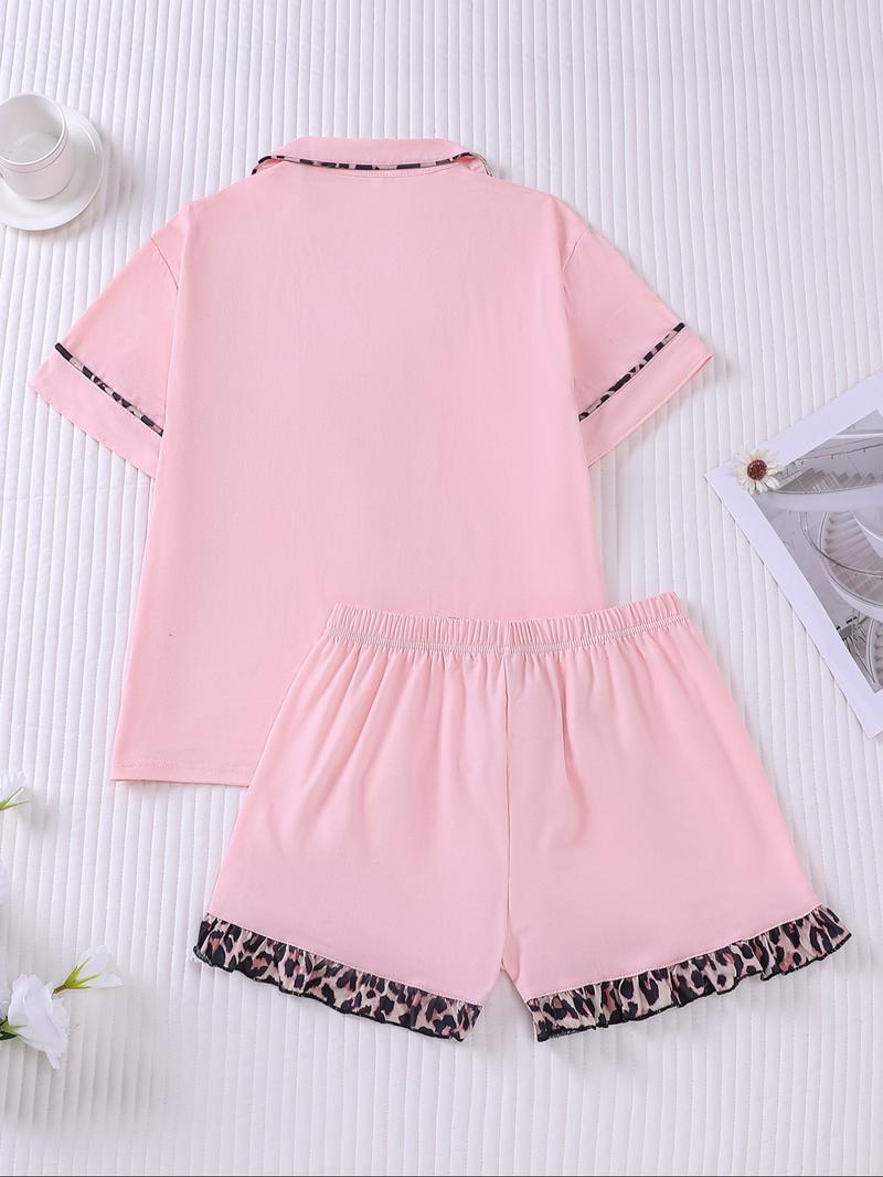 Women's Contrast Binding Pajama Two-piece Set, Short Sleeve Button Up Top & Shorts Pj Set, Casual Comfy Loungewear Set for Women, Nightwear, Casual Sleepwear Set