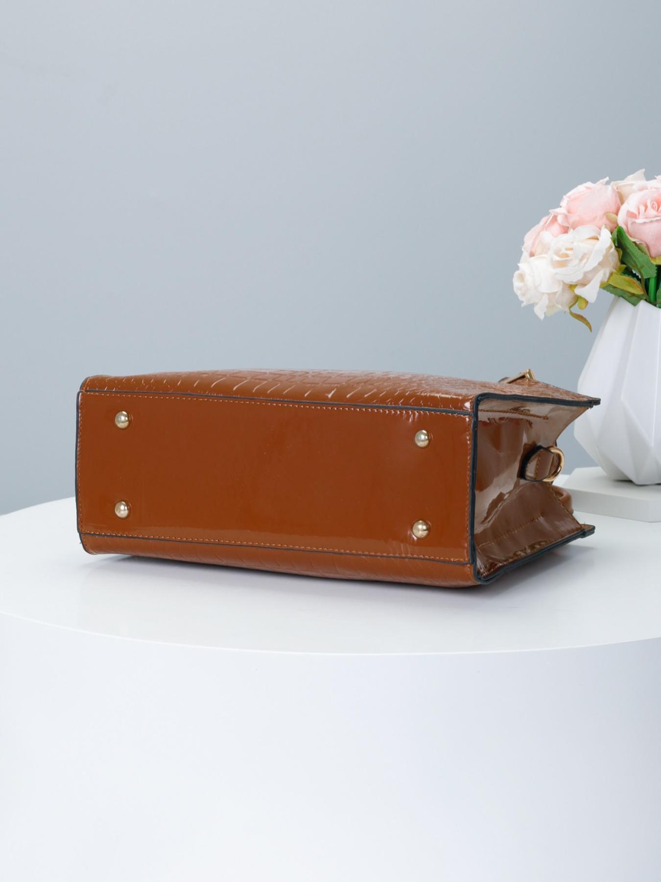 Women's PU Crocodile Embossed Square Handbag As Gift, Fashion Letter Label Classic Tote Bag for Work & Office, Elegant Matching Crossbody Bag As Gift for Wife