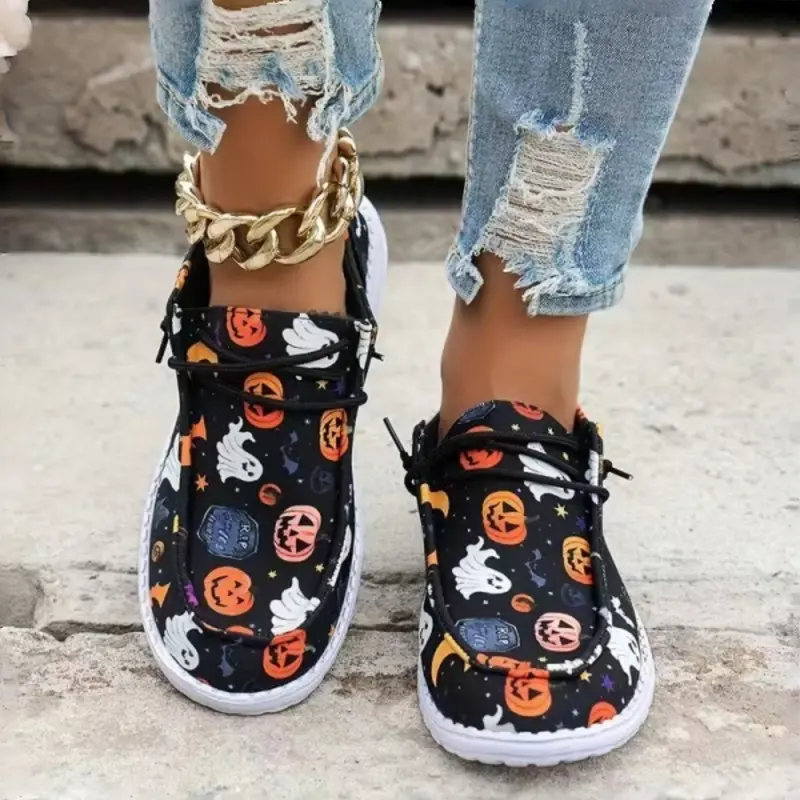 Halloween Fun Pumpkin Ghost Print Slip-On Casual Lazy Shoes, Elastic Laces, Lightweight Soft Sole, Trendy Low Top Canvas Shoes Footwear