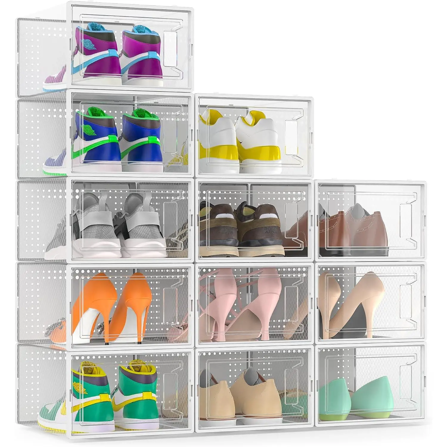 12 Pack Large Clear Shoe Storage Boxes, Stackable Modular Plastic Shoe Organizer Front-Opening Door, Ventilated Dust-Proof Sneaker Display Cases Closet and Entryway, White