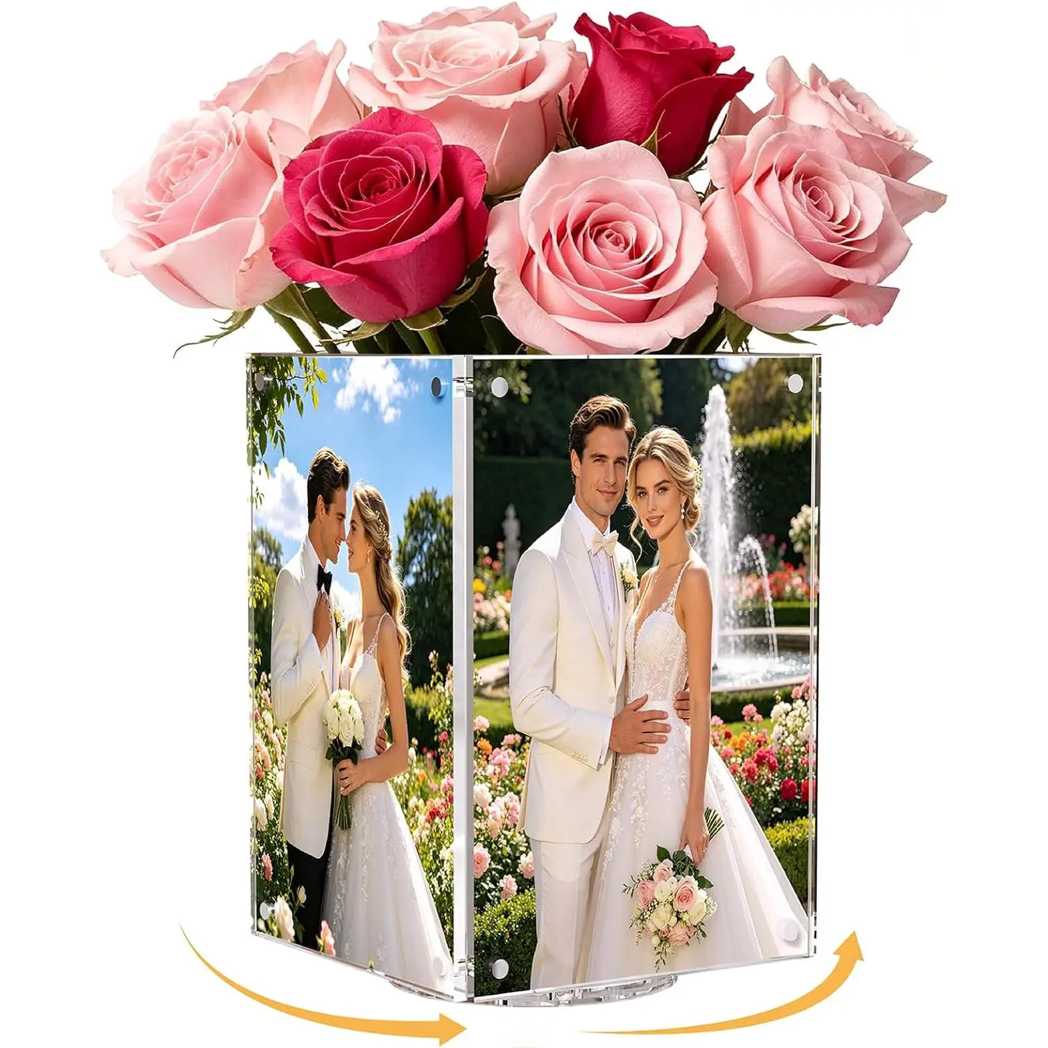 360° Rotating Hollow Acrylic Vase - 4-Sided 4x6in Photo Display Frame, Modern Decoration Gift for Birthday Party Wedding Table, Restaurant Home Menu Holder, 360° Rotation