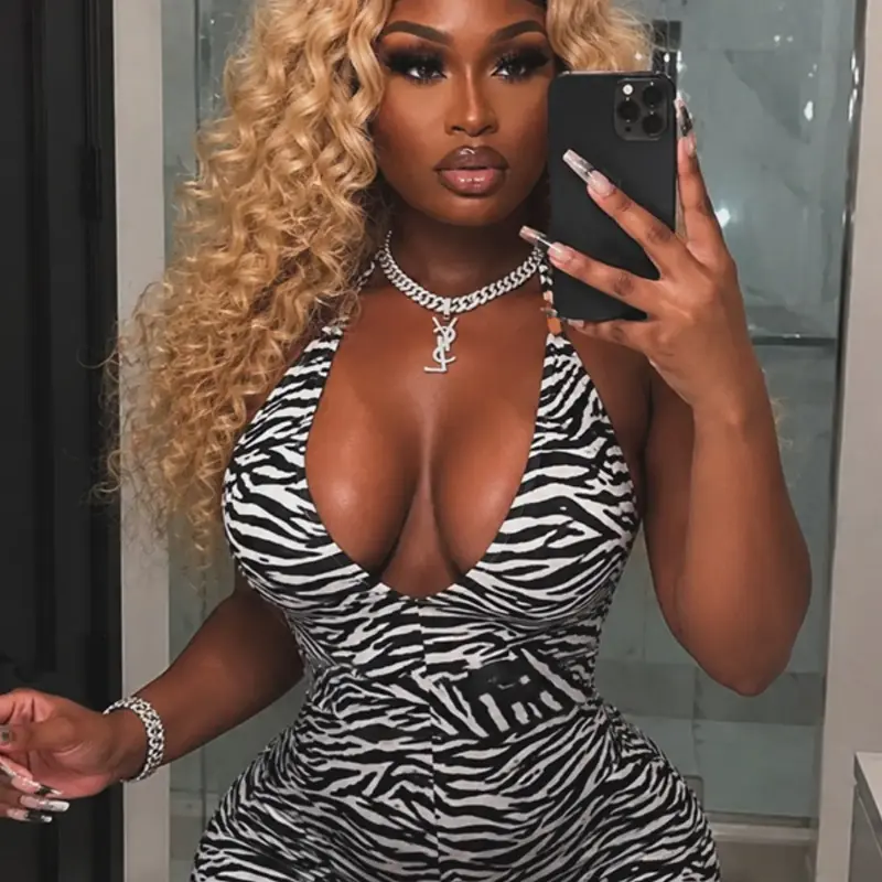 Women's Zebra Print Halter Tie Deep V Jumpsuit, Sleeveless, Zebra Pattern, Perfect for Parties and Special Occasions, Modern Slim-Fitting Design, Unlined, Printed Halter Jumpsuit