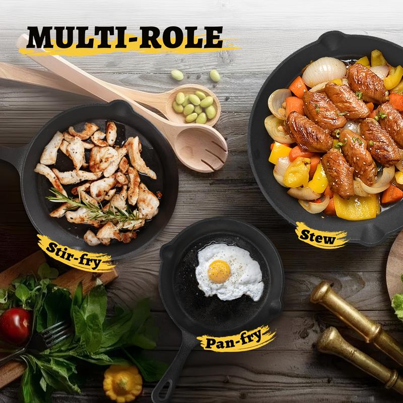 3pcs Cast Iron Cookware Set: Heavy-Duty Non-Stick Pan, Multi-functional Frying Pan, Skillet, And Baking Dish, Suitable for Kitchen & Outdoor Use - Perfect for Cooking Steak & Chicken.