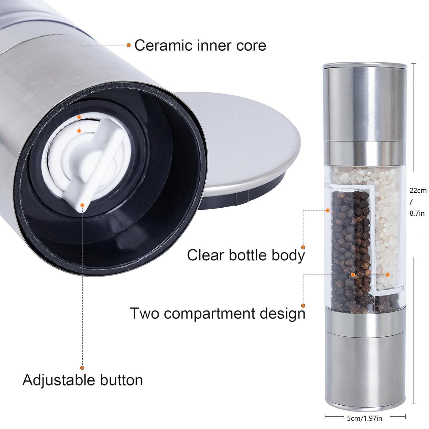 2 in 1 Salt & Pepper Grinder, 1 Count Stainless Steel Manual Salt & Pepper Mill Grinder, Salt Grinder Refillable, Kitchen Seasoning Utensils