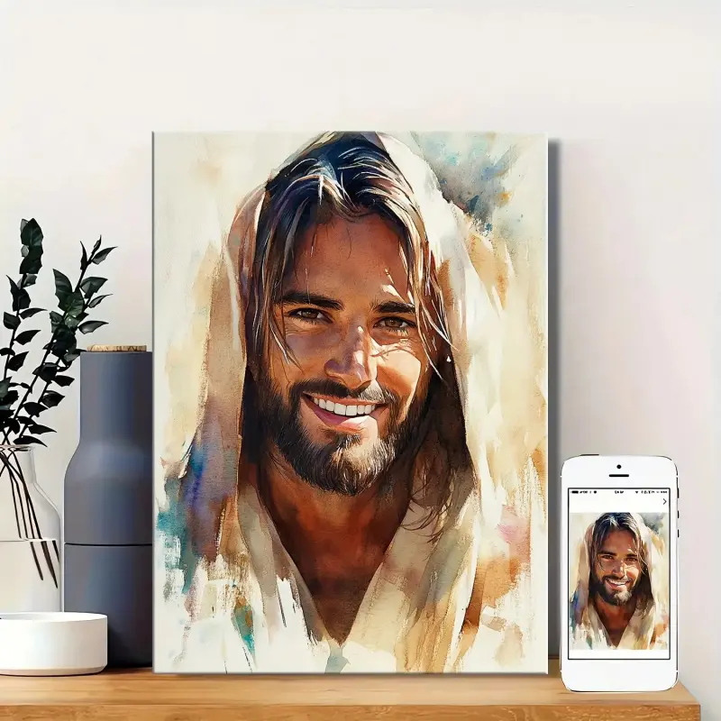1 piece of serene watercolor artwork, depicting a smiling figure, with a wooden frame, measuring 11.8X 15.7inch. This modern religious wall decoration is perfect for the living room and bedroom