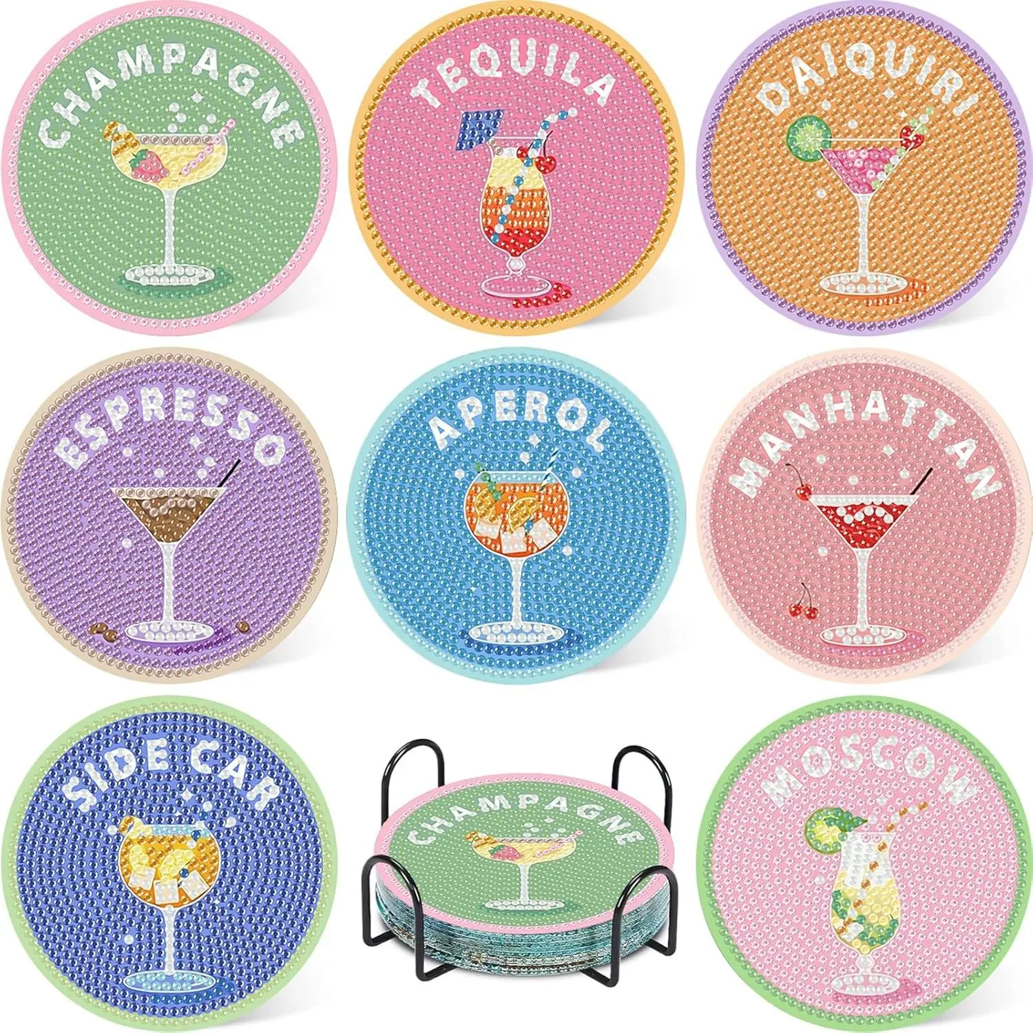 Cocktail Diamond Painting Coaster Set, 5D Gem Art DIY Handmade Diamond Dot Painting, Includes Stand, Perfect Gift for Life