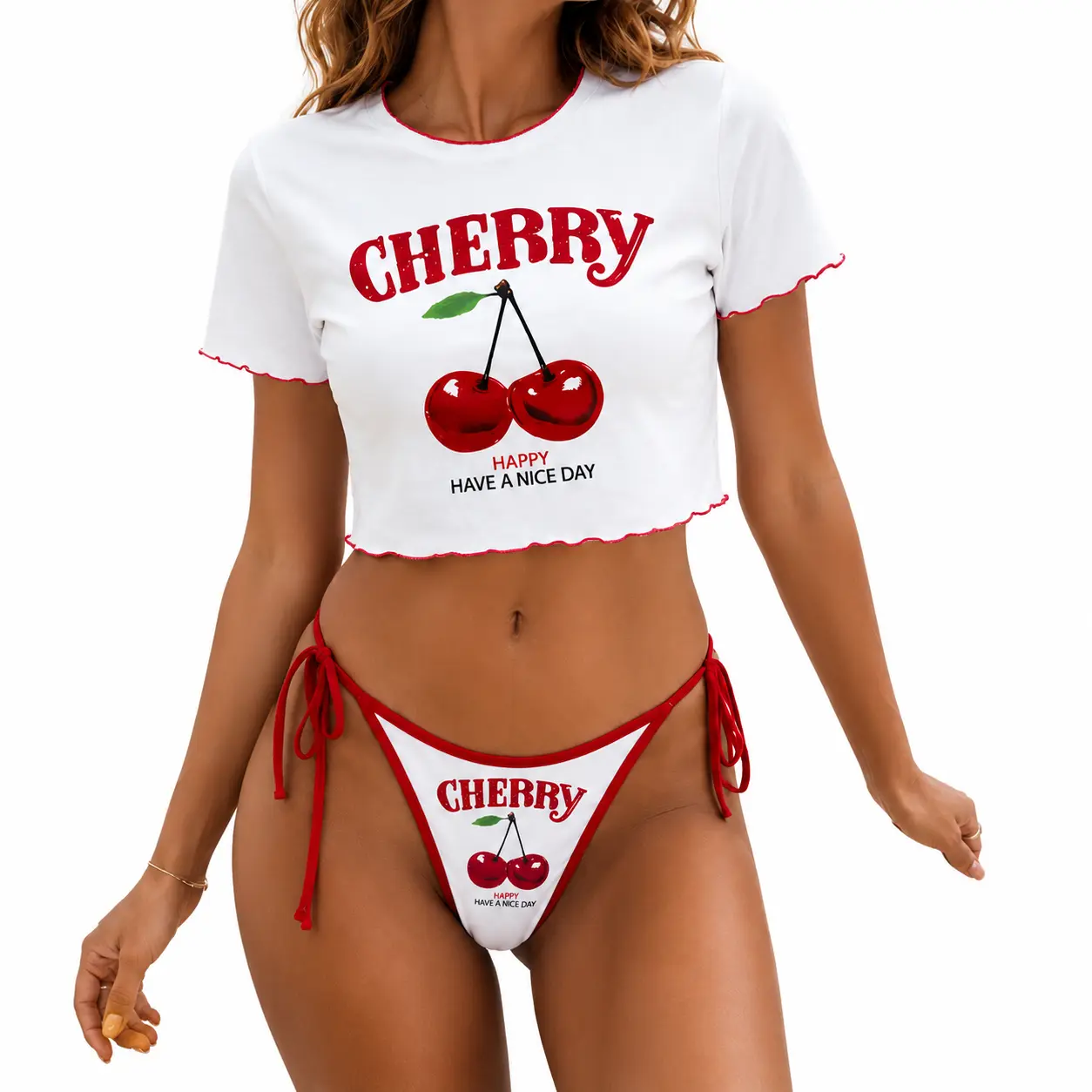 Women’s 3-Piece Cherry Trinity Swimsuits Triangle Top Bikini Set - Bright Pattern Graphic Print, Tie Side Bottoms, Synthetic Crop Cover-Up Tee, Red White Beach Vacation Swimwear, Bright Pattern Bikinis Set tankini suit plus sized bathing suits