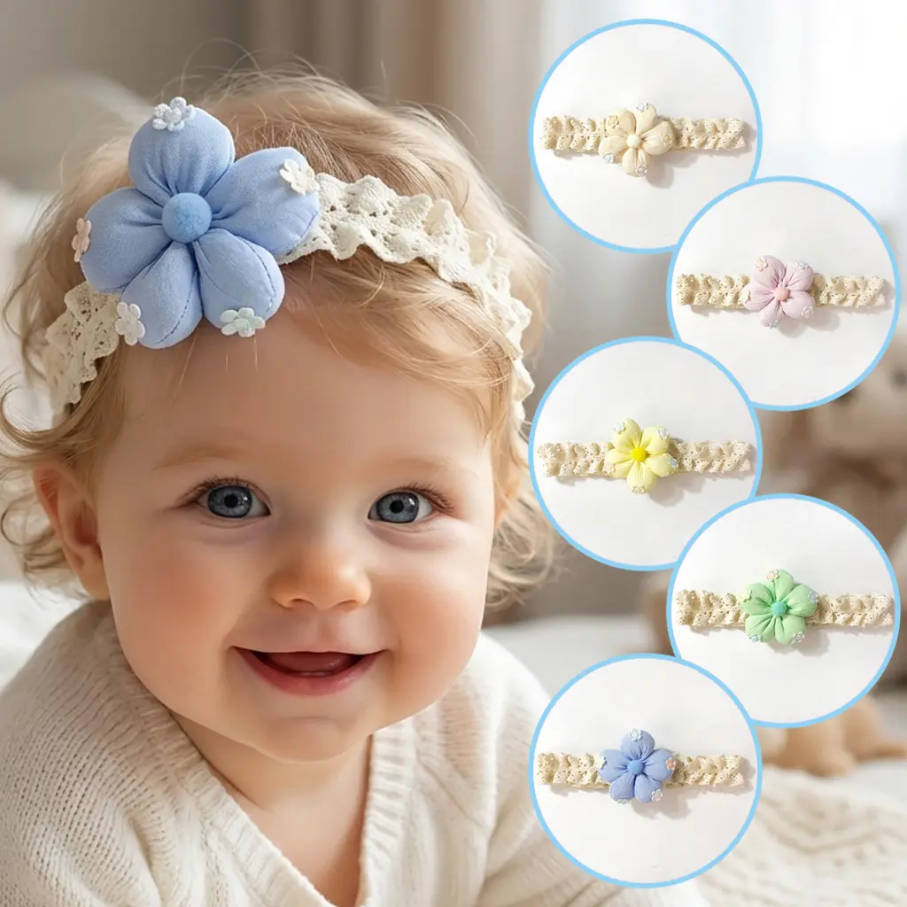 Toddler Girl Sports Headbands - Soft Crochet Lace Elastic Band, Puffy Floral Design, All-Season Fashion Accessory for Birthday Parties
