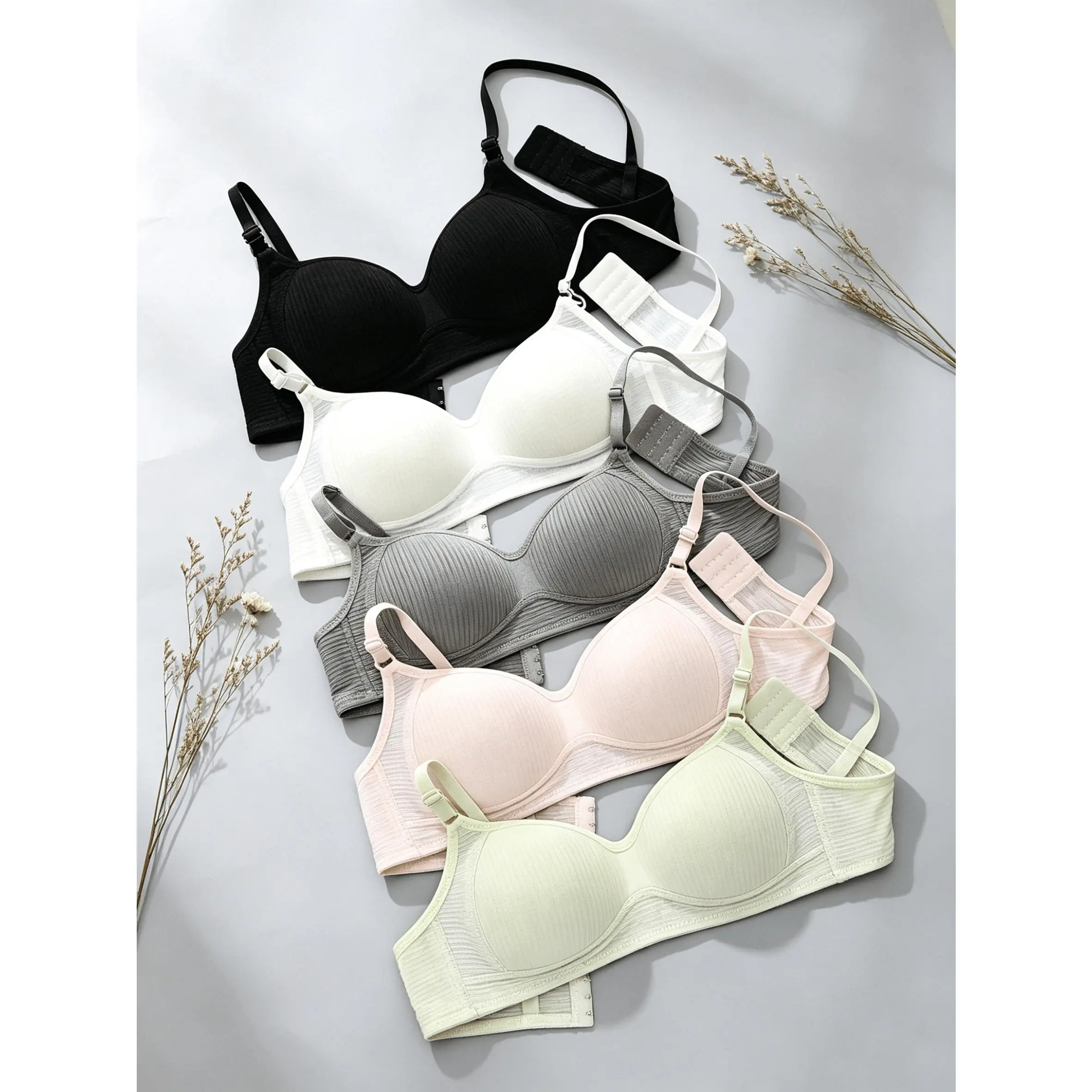 Girls' 5pcs 2026 New Style Wireless Push-Up Bras - Polyester Blend, Thin Cut, Breathable Underwear for Small Bust Teenagers