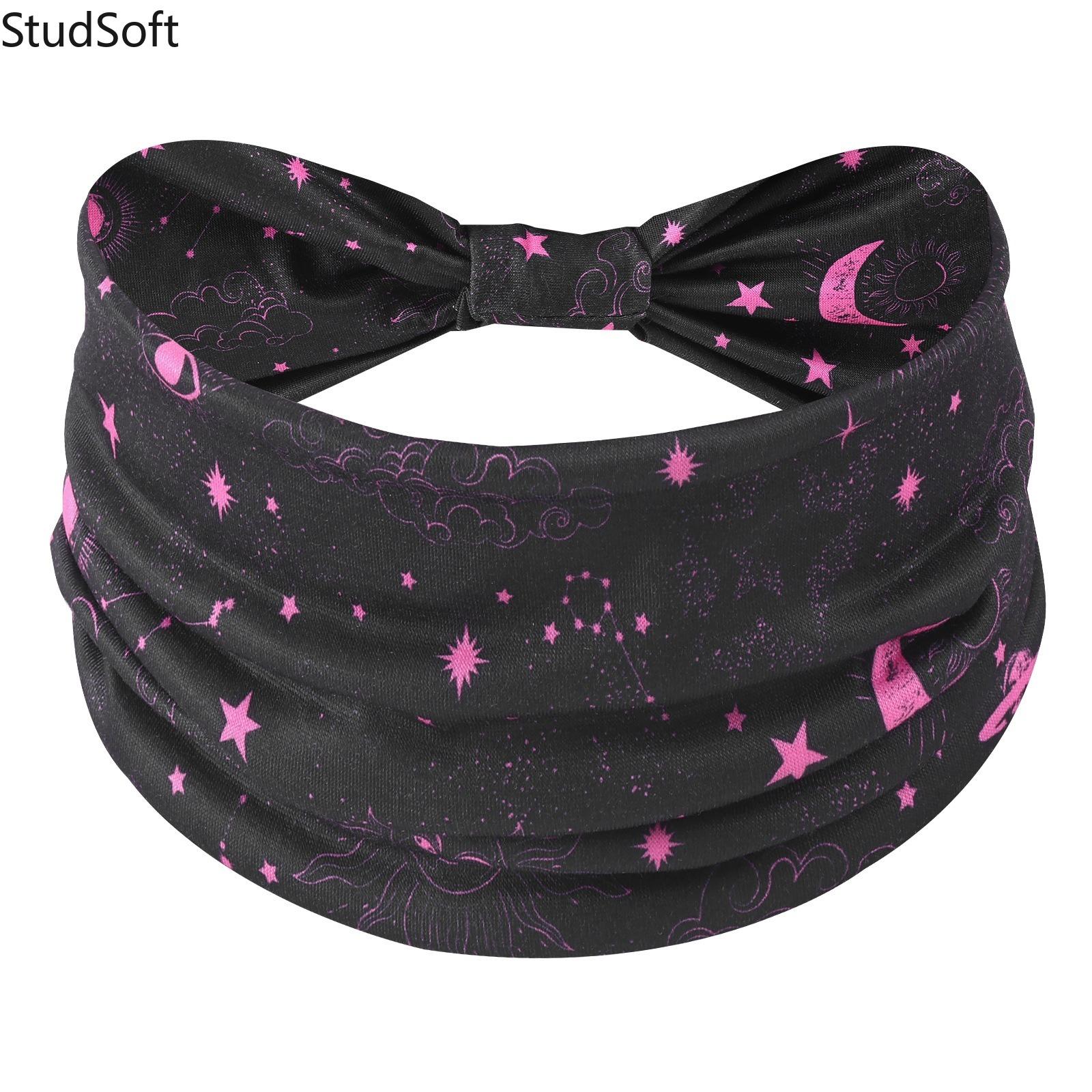 Star & Moon Print Wide Headbands for Women, Bohemian Fashion Hair Bands, Elastic Sweat Wicking Head Wraps for Yoga Running Workout Fitness, 4 Pack