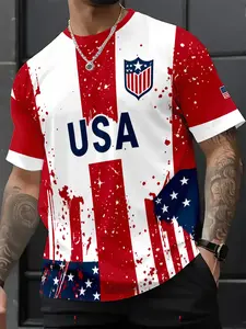 American Vintage Patriotic Men's Short Sleeve, Blue Stripes, Usa Letter, Star Badge, Independence Day, Streetwear, Outdoor