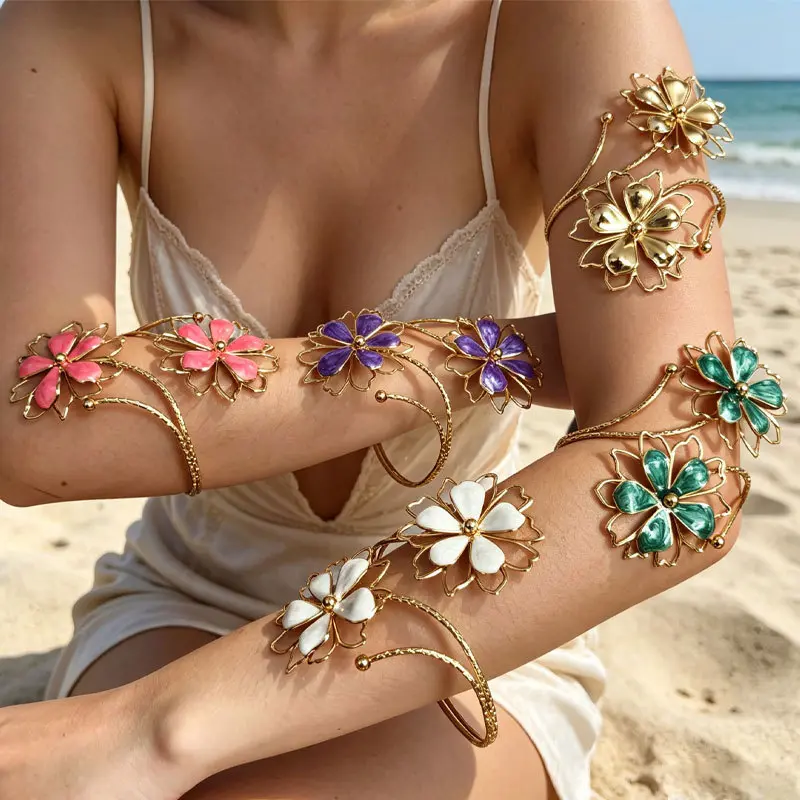 Women's Colorful Enamel Flower Upper Arm Cuff - Adjustable Boho Floral Wrap Armlet Bracelet, Vibrant Statement Body Jewelry For Summer Beach Vacation, Music Festival & Swimwear