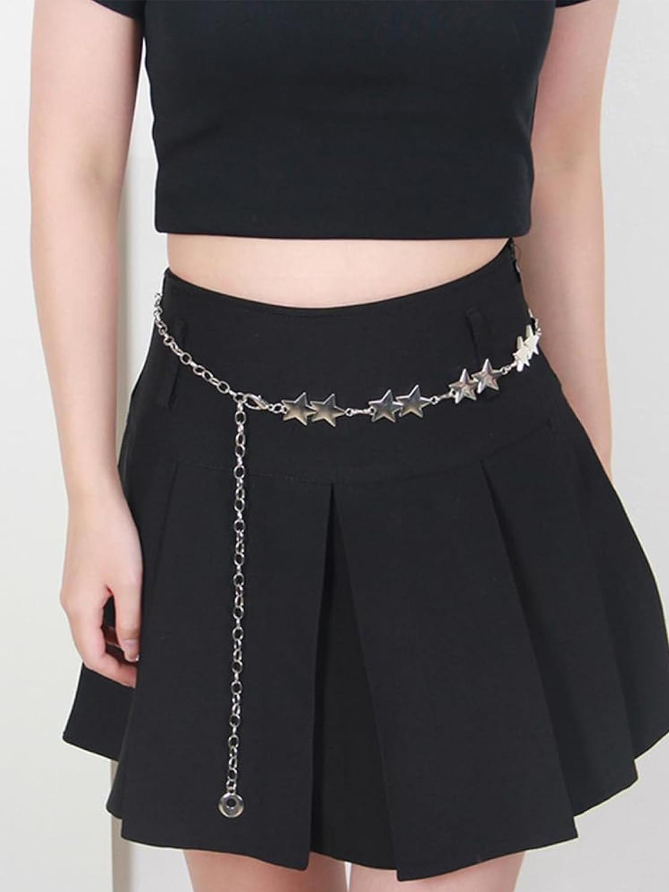 Silver Star Chain Belt Western Metal Belt for Women Punk Chain Belts for Dresses Jeans Waist Chain Belt Y2k Emo Body Jewelry Star Decorated Belt