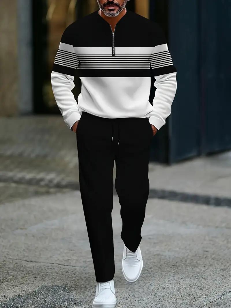 Men's Black and White Contrast Sports Suit Half-Zip Digital Print Top with Ankle Length Black Casual Pants Comfortable Fabric for Daily Commuting