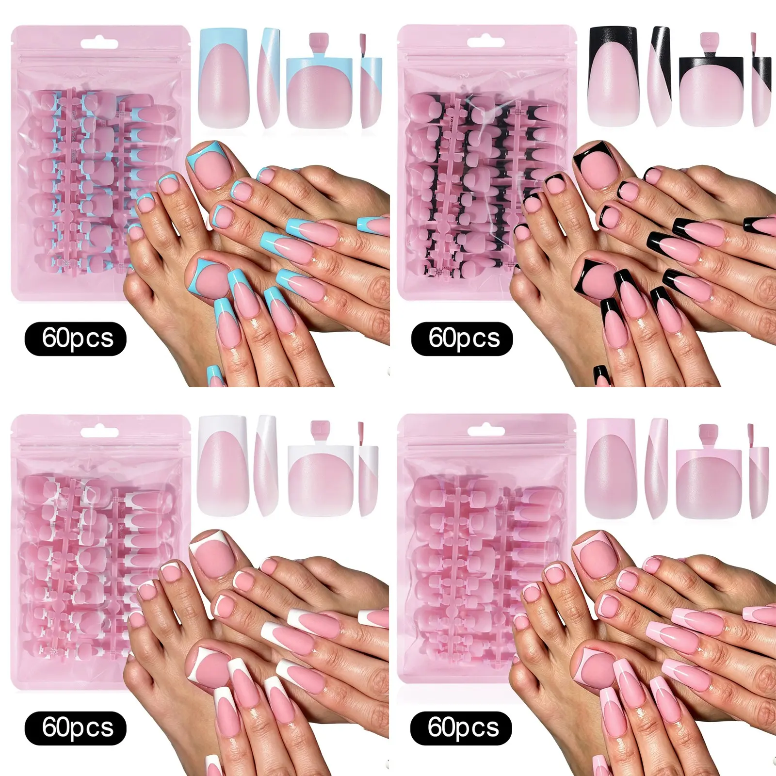 60Pcs Black Pink French Tip Press on Nails & Press on Toenails Set, Square Press on Nails Medium Fake Nails Black French Press on Toenails Full Cover Stick on Press ons for Women Diy False Toenails