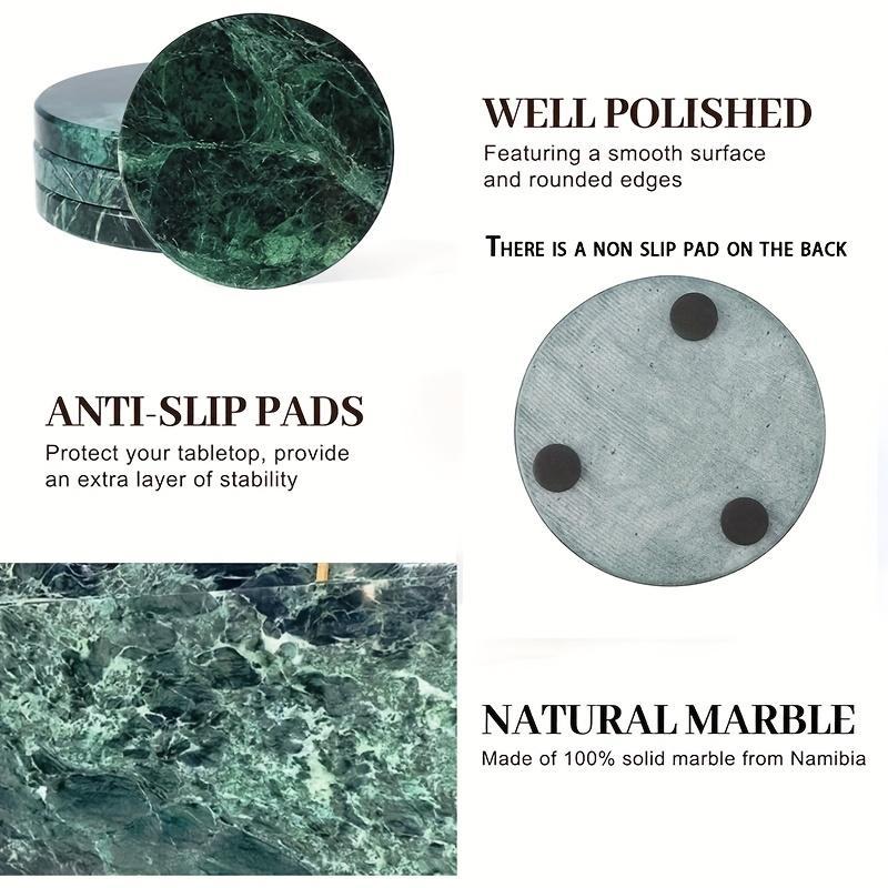 4Pcs Natural Marble Coasters with Holder, Heat Resistant Round Stone Table Protectors, Elegant Marble Pattern Drink Coasters for Coffee Table & Bar, Housewarming Gift.