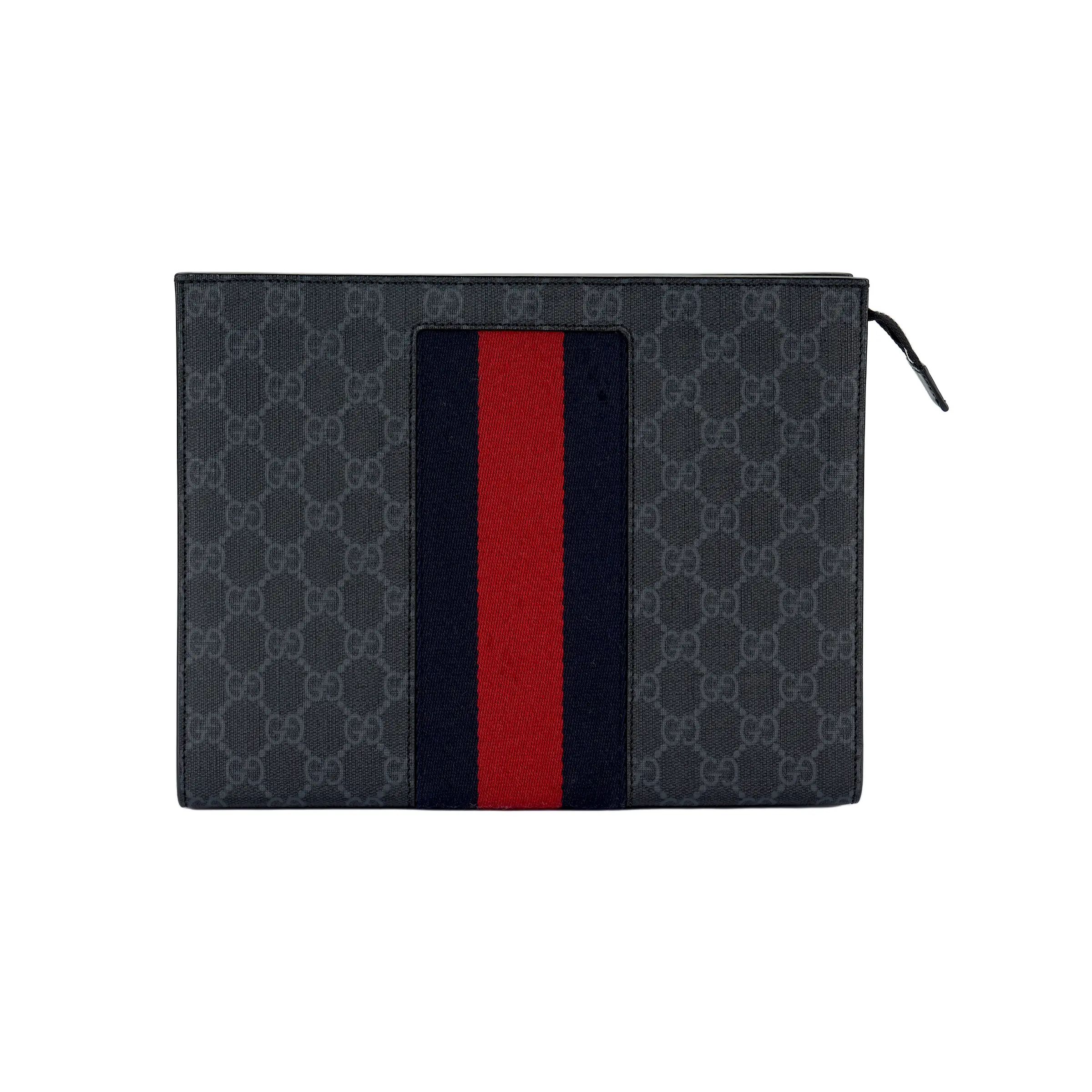Gucci Monogram Canvas Clutch Bag for Men, Striped Web Detail, Black and Gray