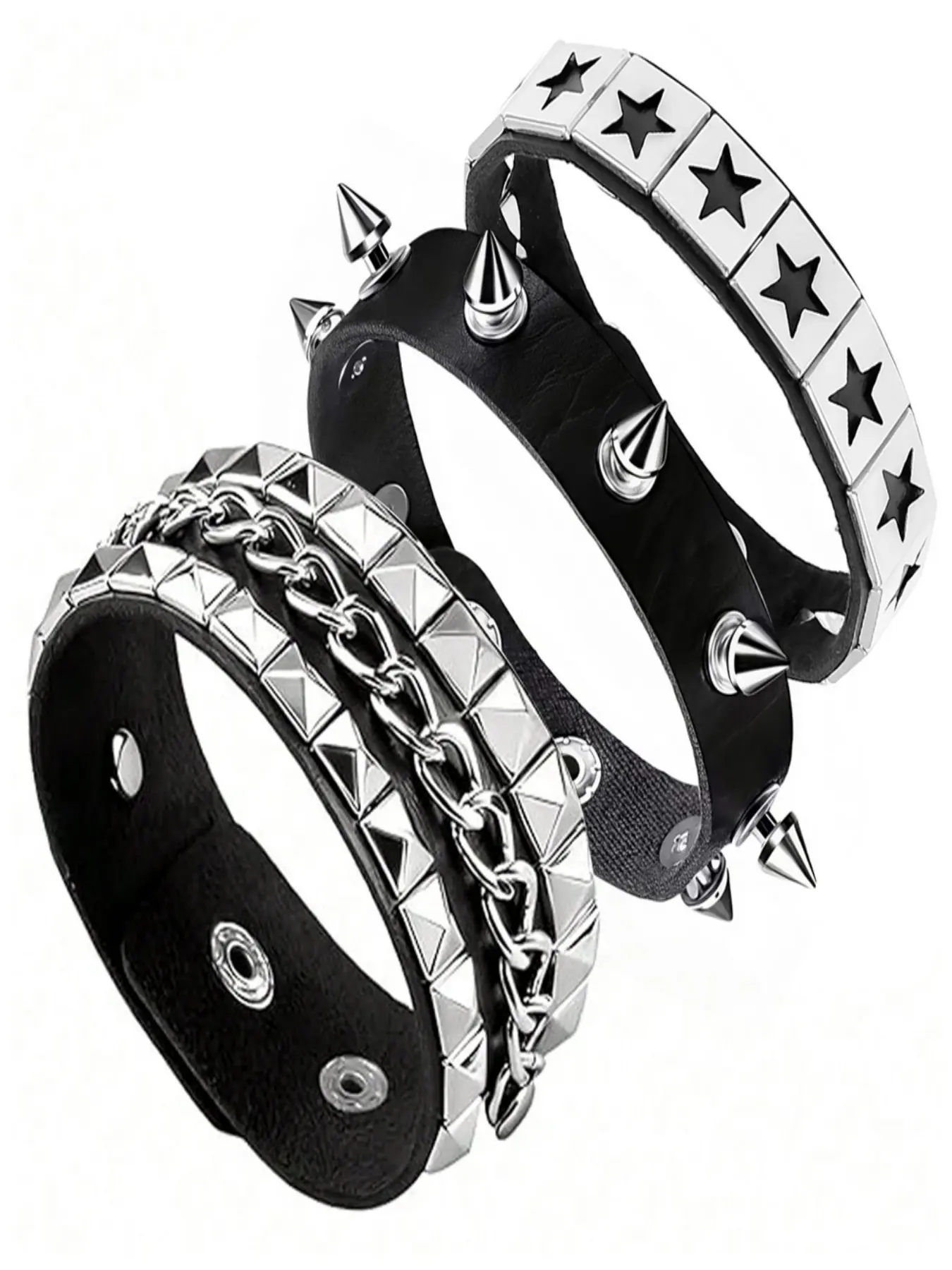 3PCS PU Leather Punk Bracelet Set: Pyramid Studded with Chain, Cone Spiked, Black Star Inlaid Wristbands, Multi-Snap Adjustable Gothic Rock Biker Jewelry for Men Women, Ideal for Halloween, Rock Concert & Birthday Gift