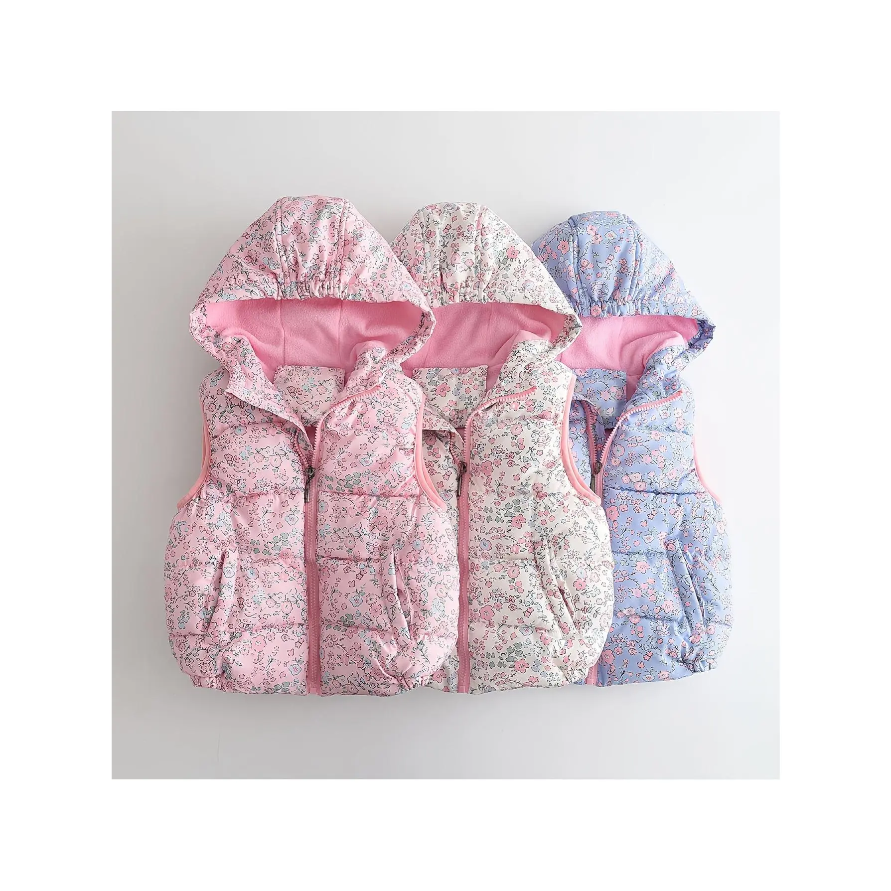 Girls Winter Hooded Cotton Vest, Allover Flower Print Fleece Lined Thick Warm Kids Gilet
