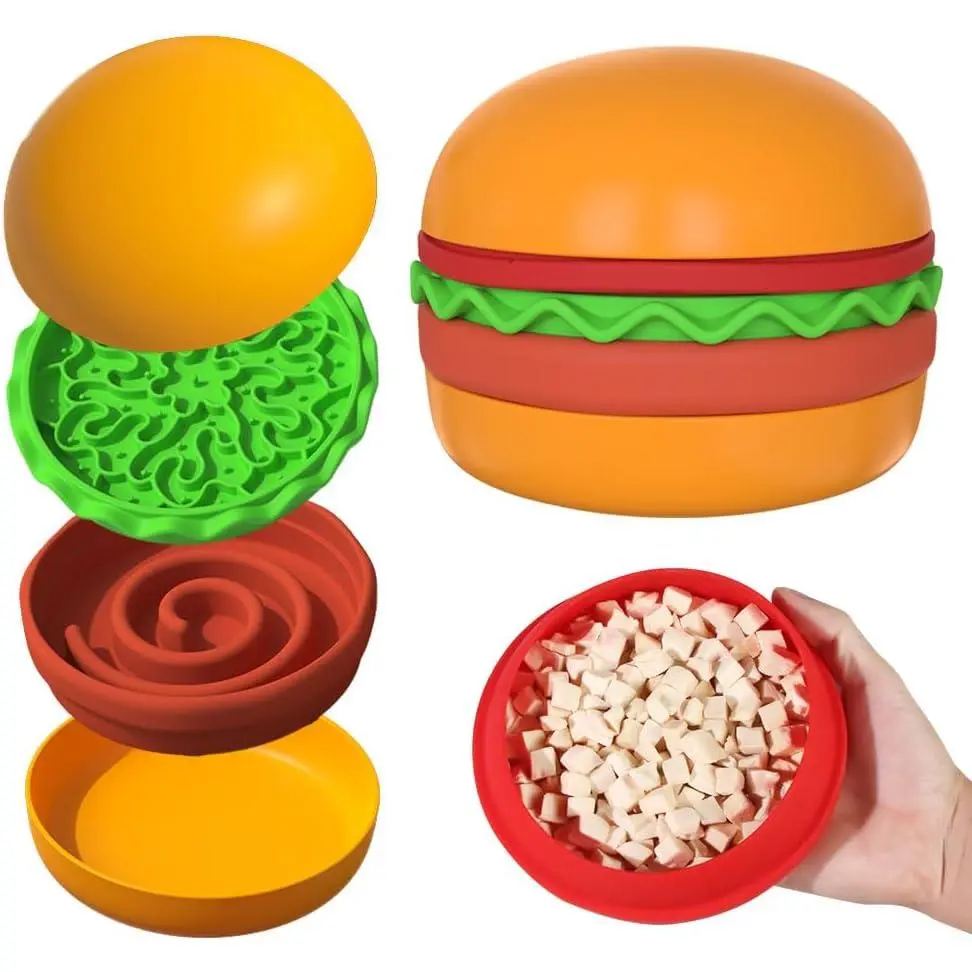 Multiple Use  Feeding Set, Cute Hamburger-Shaped, 5 Stackable Bowls for Small Dogs and Cats, Anti- Slow  Feeder, Raised Bowls, Travel  Bowls