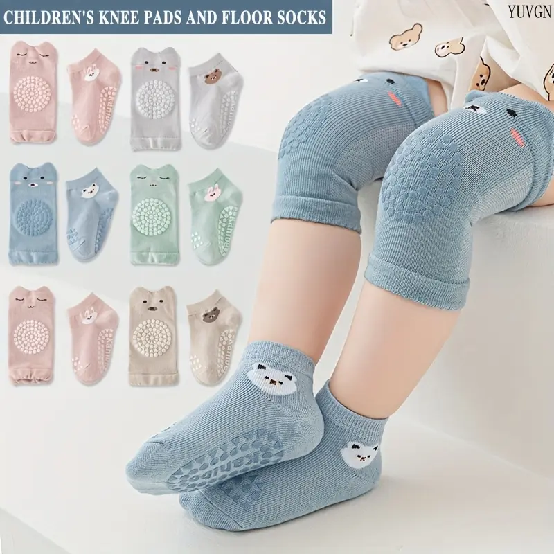 2 Sets Cartoon Baby Non-Slip Floor Socks & Matching Knee Pads Combo, Soft Knit Mid-Calf Toddler Socks with Silicone Grips, Cushioned Anti-Fall Knee Protector Set for Infant Boys & Girls Indoor Crawling and Walking