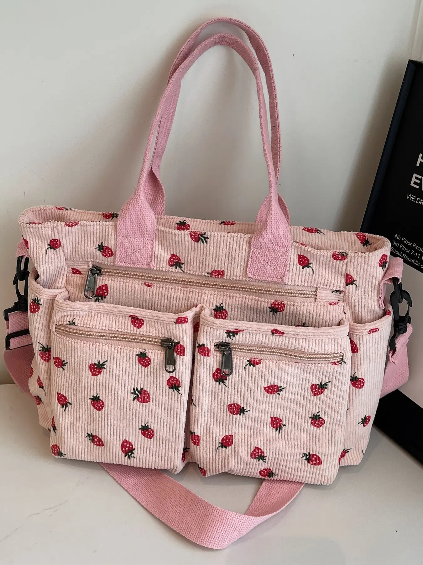 Strawberry Print Tote Bag, Large Capacity Commuter Multi-Layer Shoulder Bag, Fashion Casual Simple Backpack, All-Season Fabric Bag