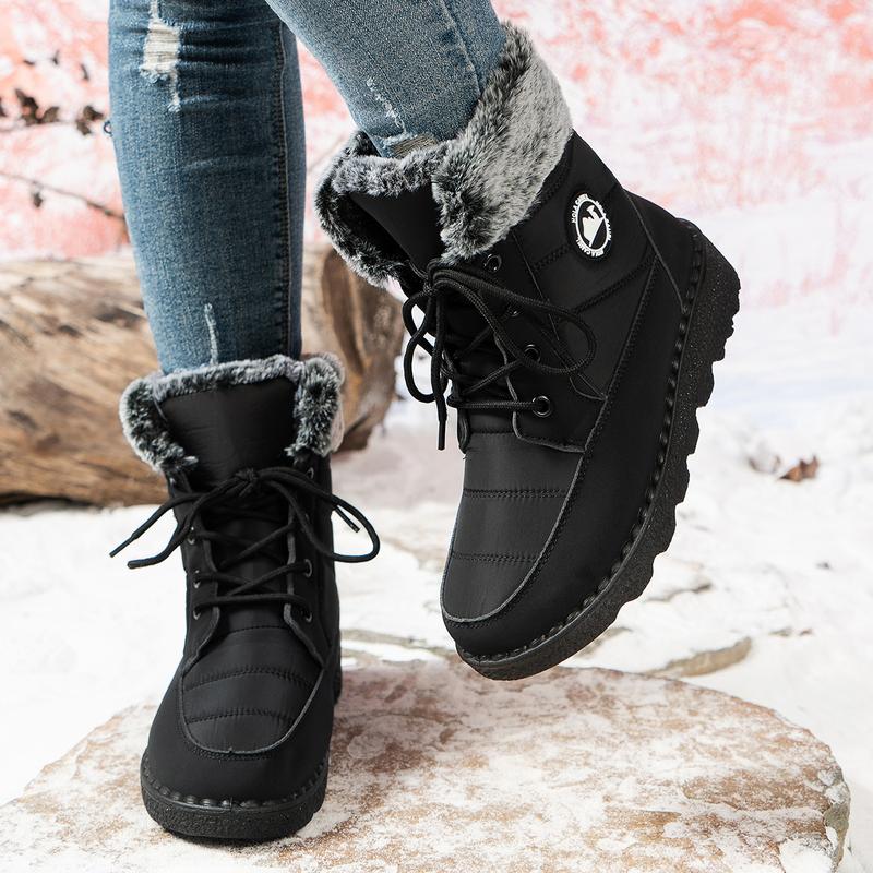 Women's Snow Boots Insulated Waterproof Winter Boots for Women Warm Fur Lined Booties High-heeled Snow Boots Lace-Up Mid-Calf Design Faux Fur Cozy Warm Black
