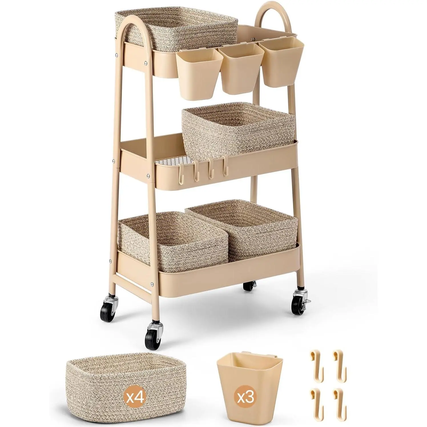 3-Tier Rolling Utility Cart with 4 Woven Baskets, Diaper Book Snack Cart, Storage Organizer for , Kitchen, Craft Room,  , Living Room, Metal Frame Trolley  Lockable Wheels, Brown
