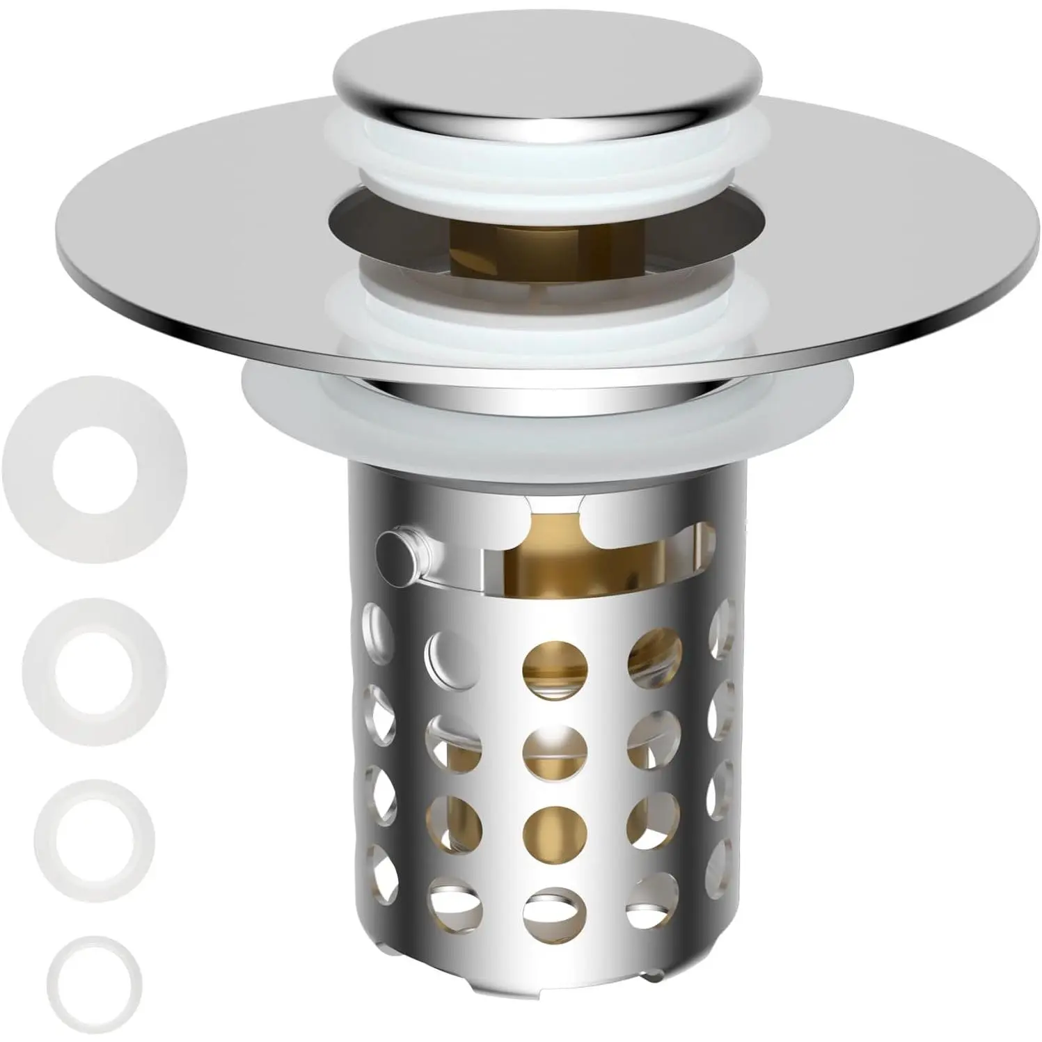 Bathroom Sink Drain Strainer Hair Catcher, Chrome | Upgraded with Removable Stainless Steel Filter Basket, 3 in 1 Pop Up Sink Stopper for 1.1''~2.36'' Sink Basin Hole