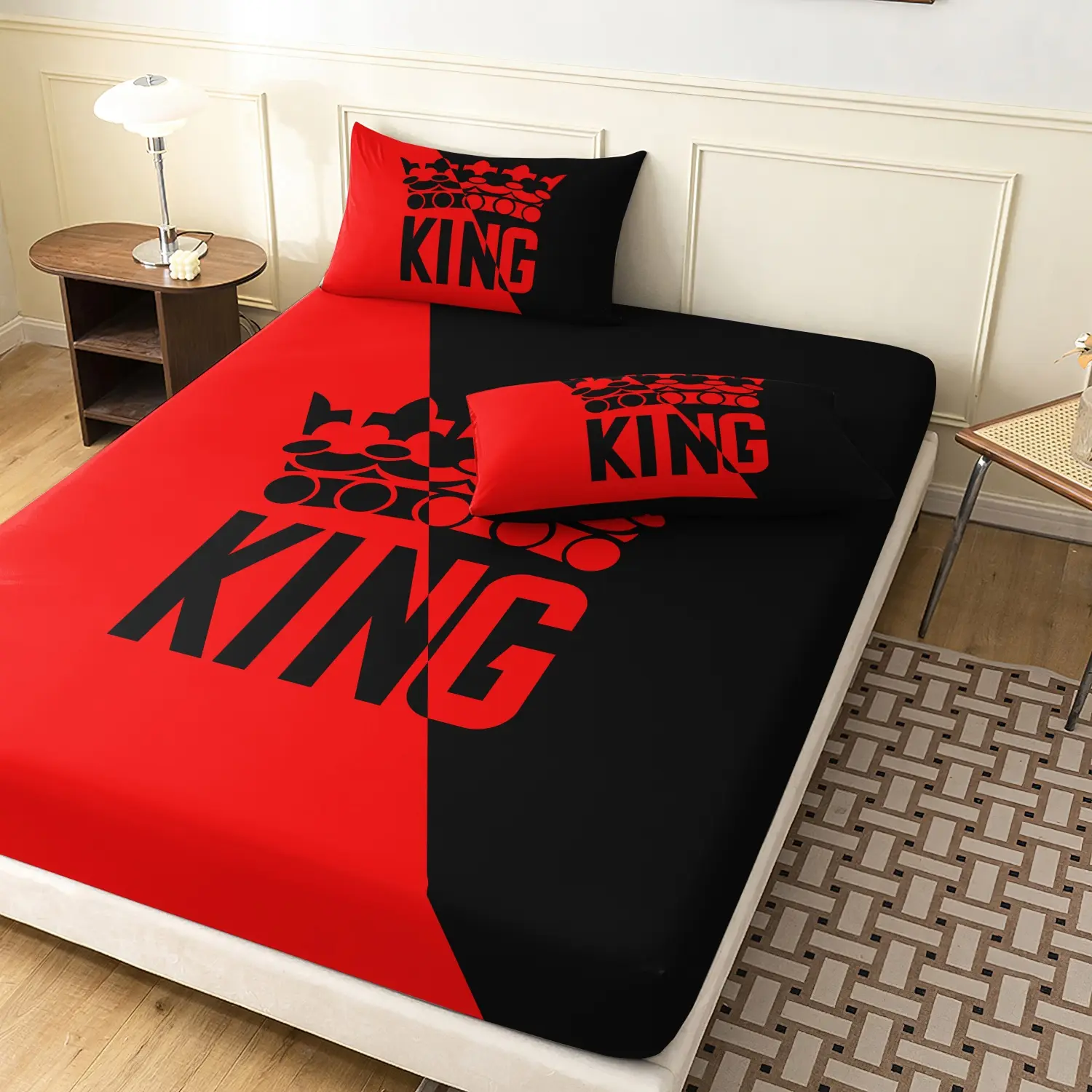 3 Pieces Red Black King Crown Print Fitted Sheet Set, King Letter Crown Print Bedding, Soft Microfiber Masculine Modern Bedding Decor  (1 Fitted Sheet + 2 Pillowcases, No Pillow)