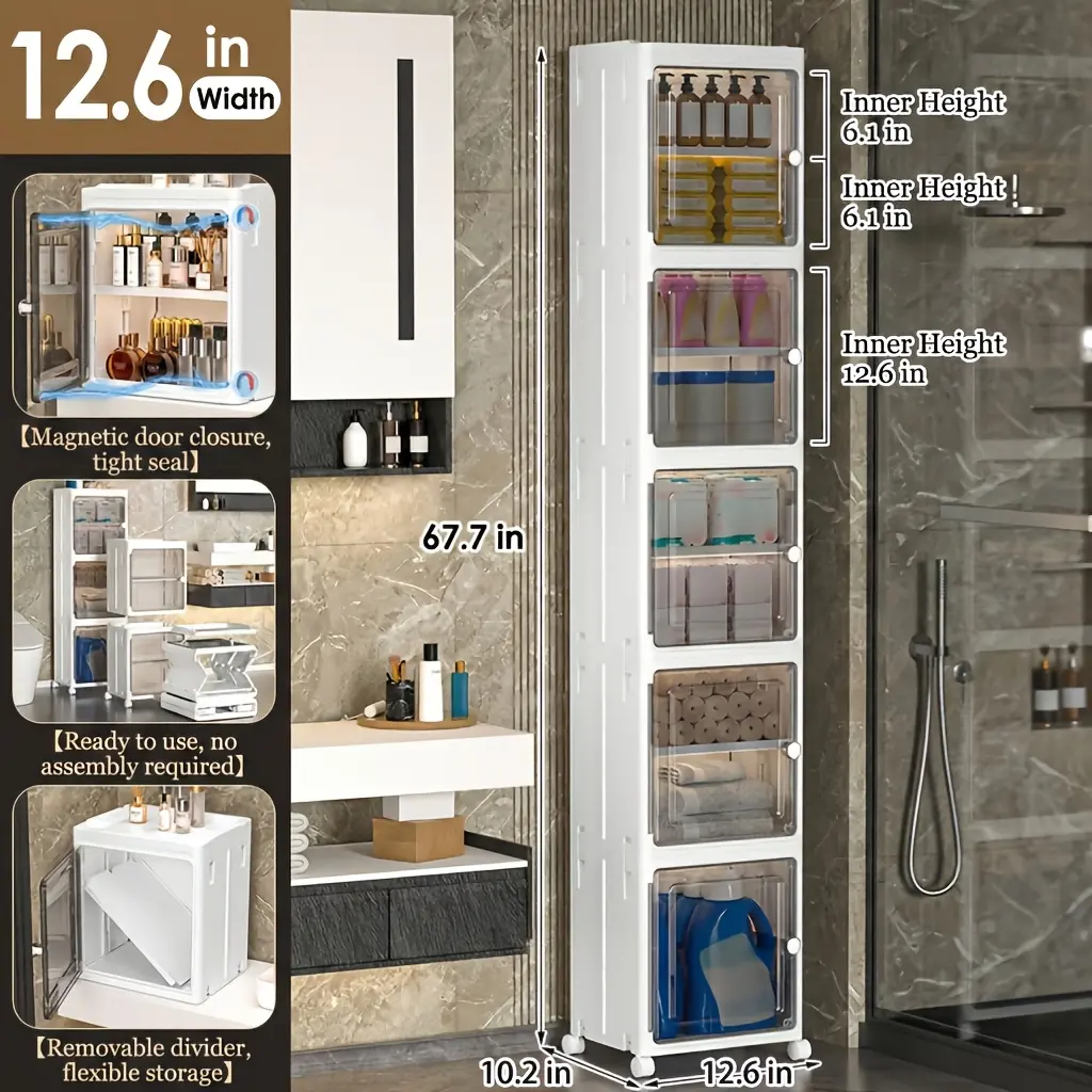 12.6-inch narrow bathroom storage cabinet, 2/3/4/5 layer rolling plastic storage organizer with transparent flip doors, space saving stackable storage unit, suitable for small spaces, bathrooms, kitchens, laundry rooms, and bedrooms