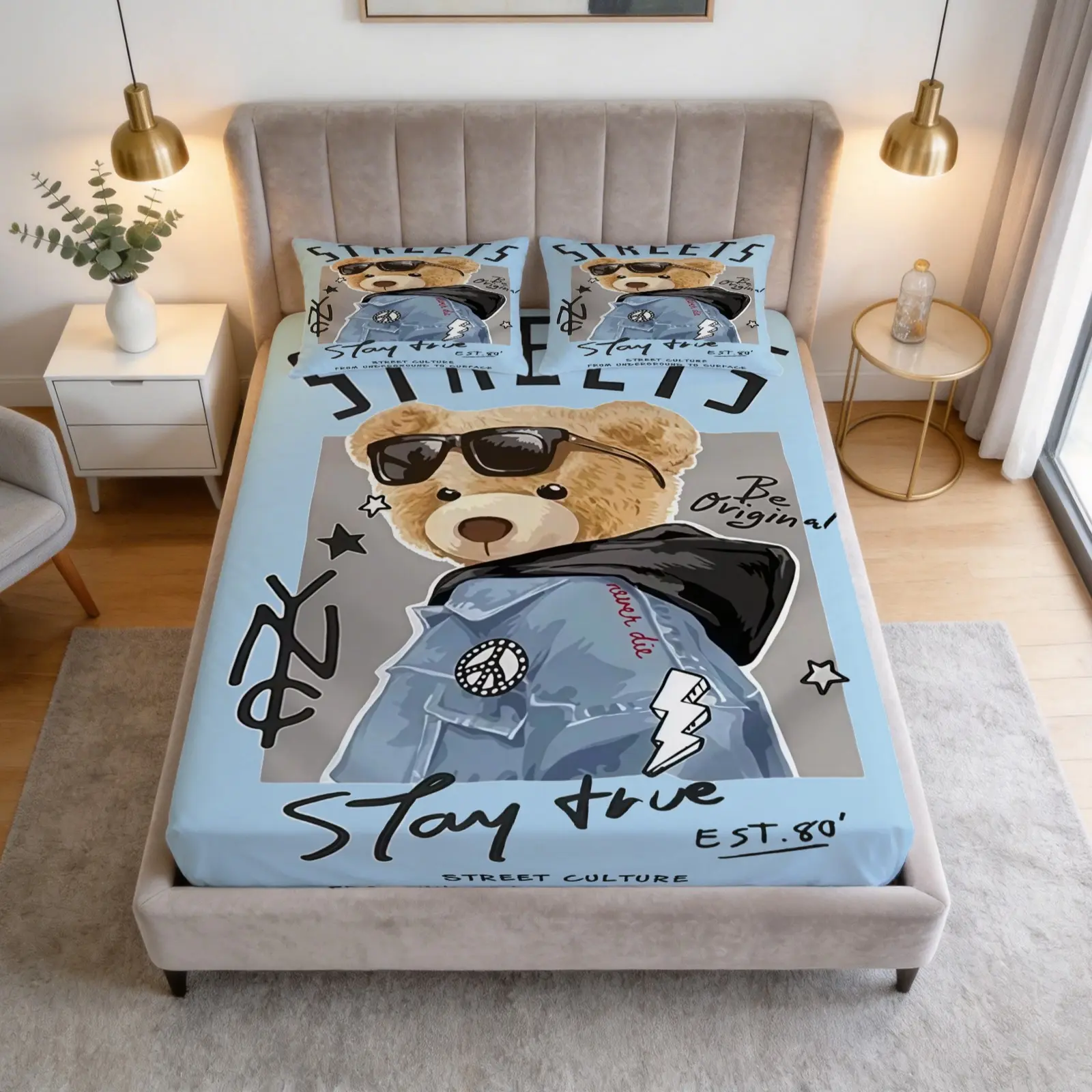 Fashionable Teddy Bear Printed Pattern Bed Sheet Set, 1 Bed Sheet With 2 Pillowcases (Excluding Pillow Core), Suitable For Teenagers And Adults' Bedrooms, Dormitories And Guest Rooms, Suitable As a Gift