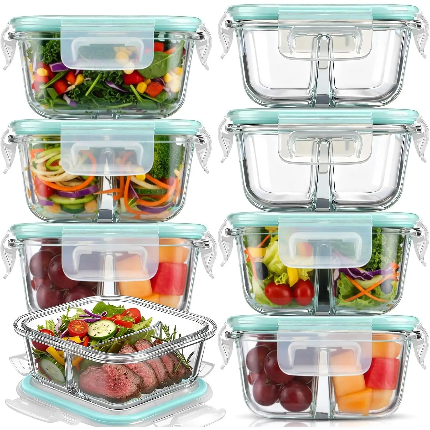 8 Pack 8oz Bariatric Meal Prep Container Glass Bowl Bariatric Portion Control Snack  Storage Container with Two 4oz Compartments with Lid Dishwasher & Microwave(Porous Pores,Blue)